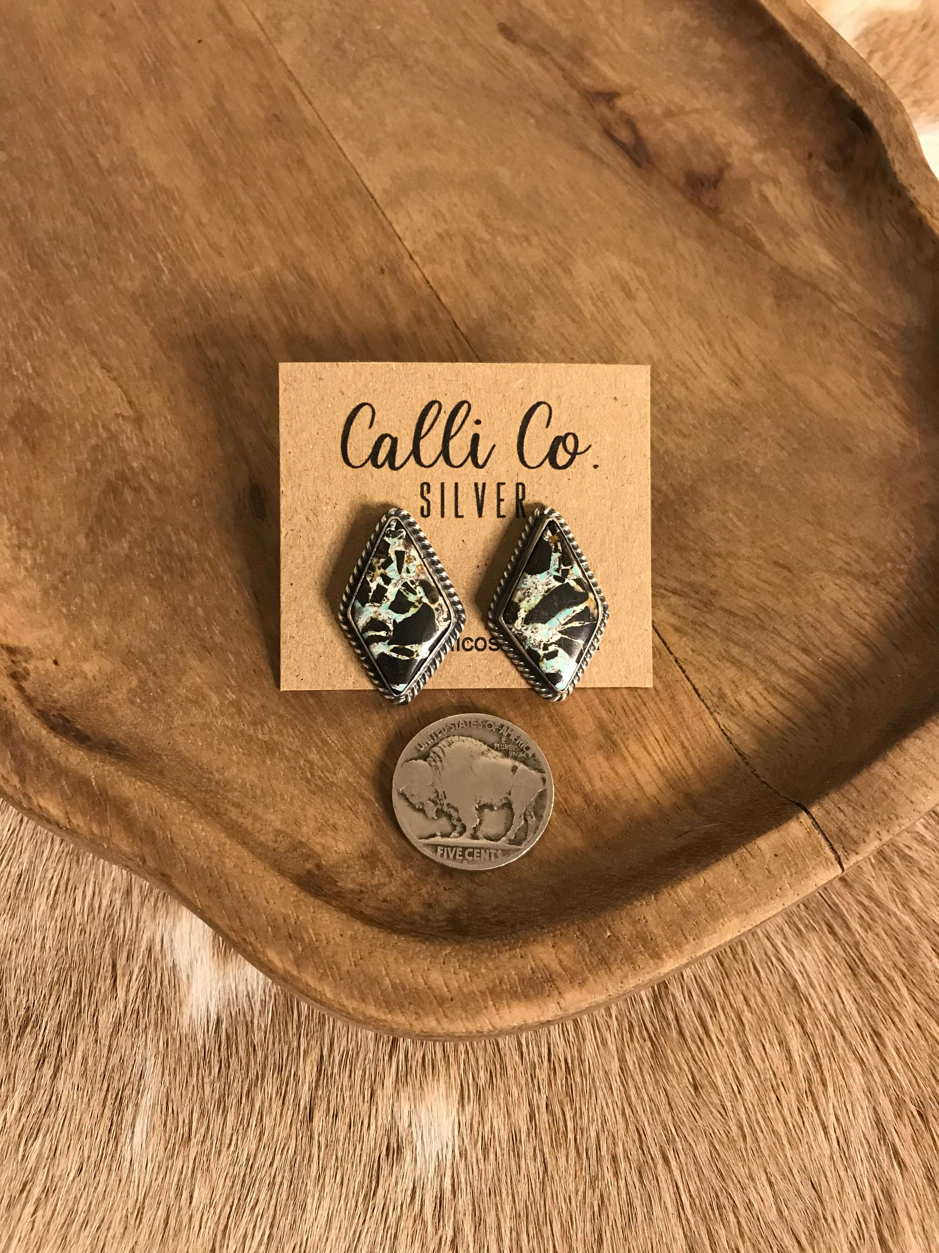 The Black Jack Studs, 17 xx-Earrings-Calli Co., Turquoise and Silver Jewelry, Native American Handmade, Zuni Tribe, Navajo Tribe, Brock Texas