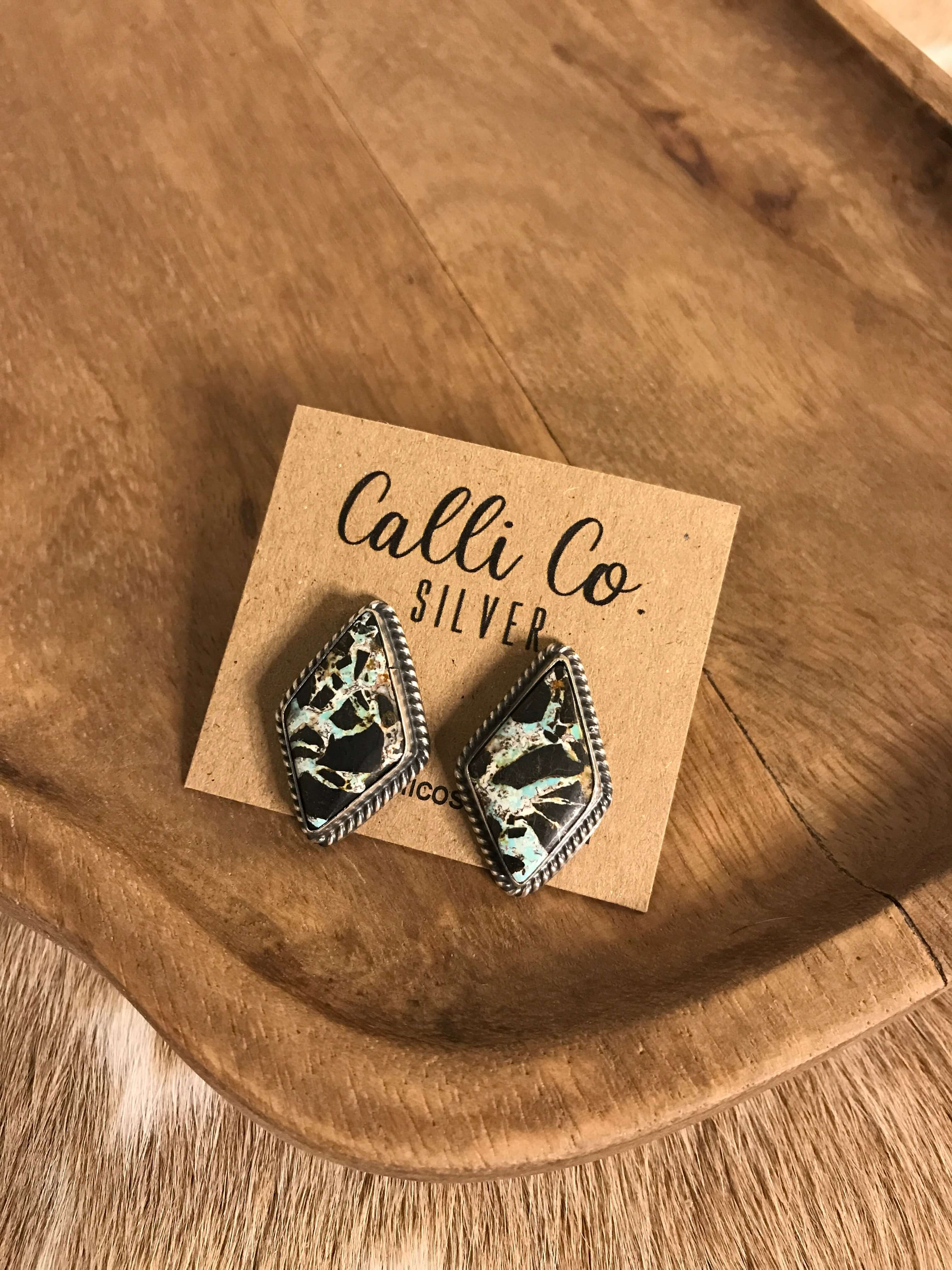 The Black Jack Studs, 17 xx-Earrings-Calli Co., Turquoise and Silver Jewelry, Native American Handmade, Zuni Tribe, Navajo Tribe, Brock Texas