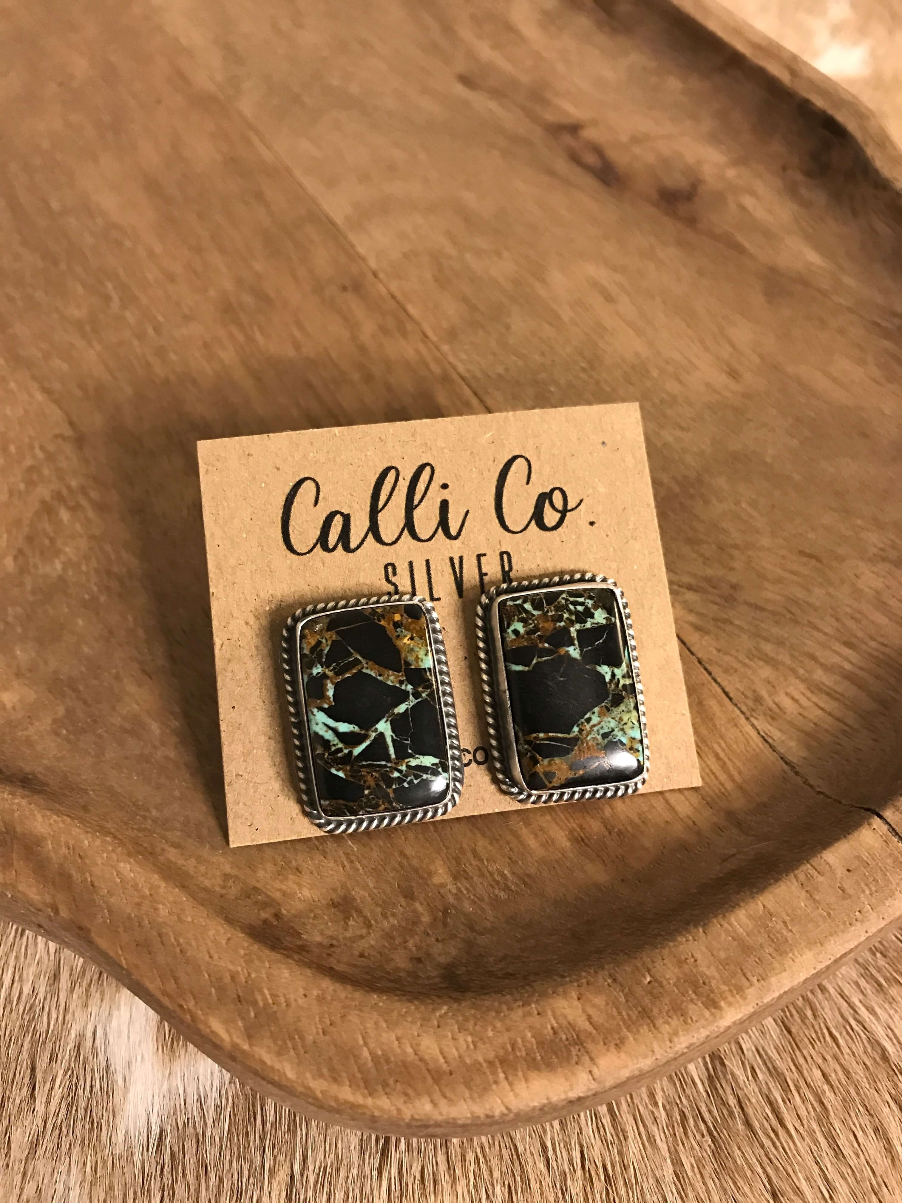 The Black Jack Studs, 18 xx-Earrings-Calli Co., Turquoise and Silver Jewelry, Native American Handmade, Zuni Tribe, Navajo Tribe, Brock Texas