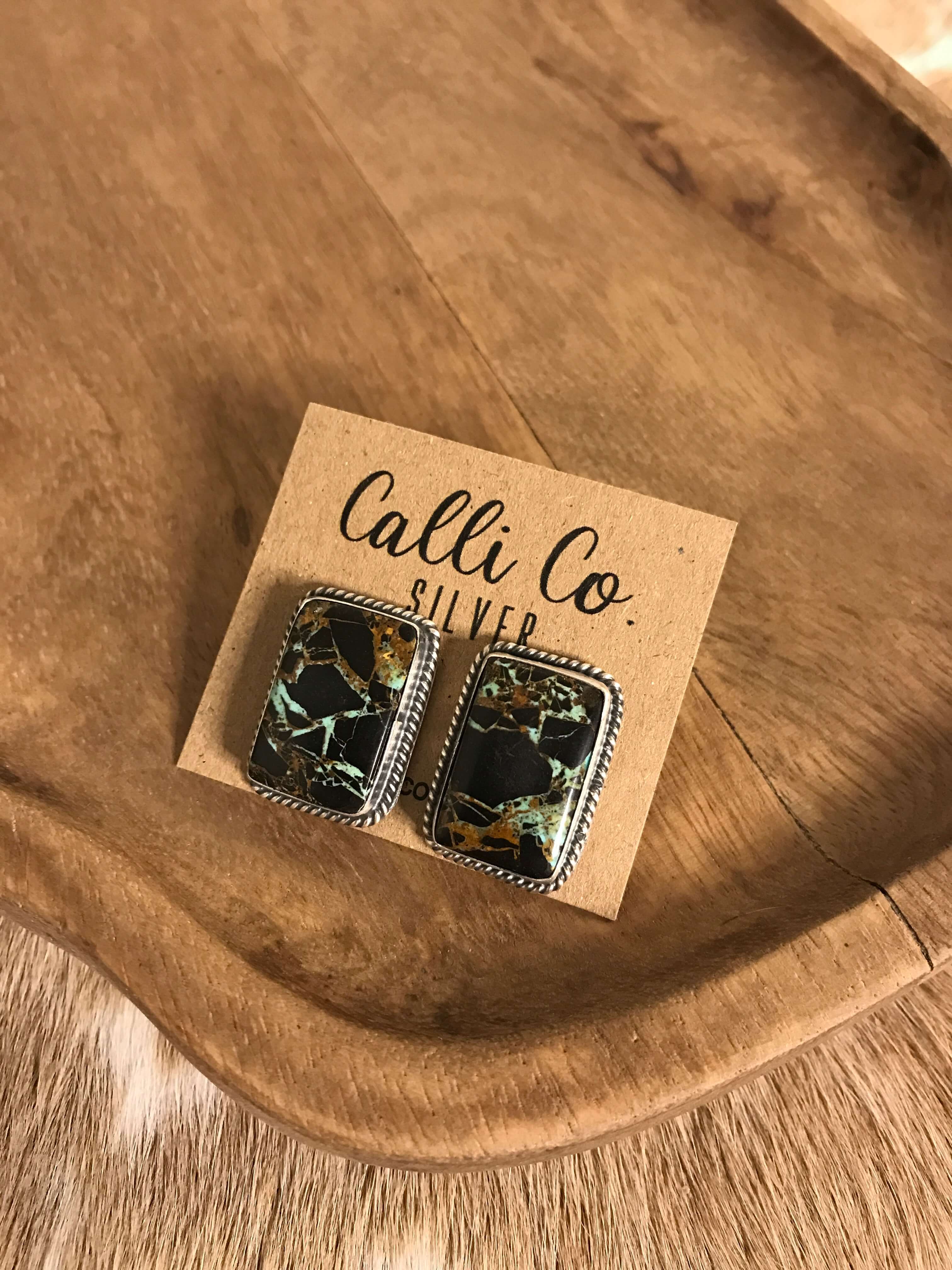 The Black Jack Studs, 18 xx-Earrings-Calli Co., Turquoise and Silver Jewelry, Native American Handmade, Zuni Tribe, Navajo Tribe, Brock Texas