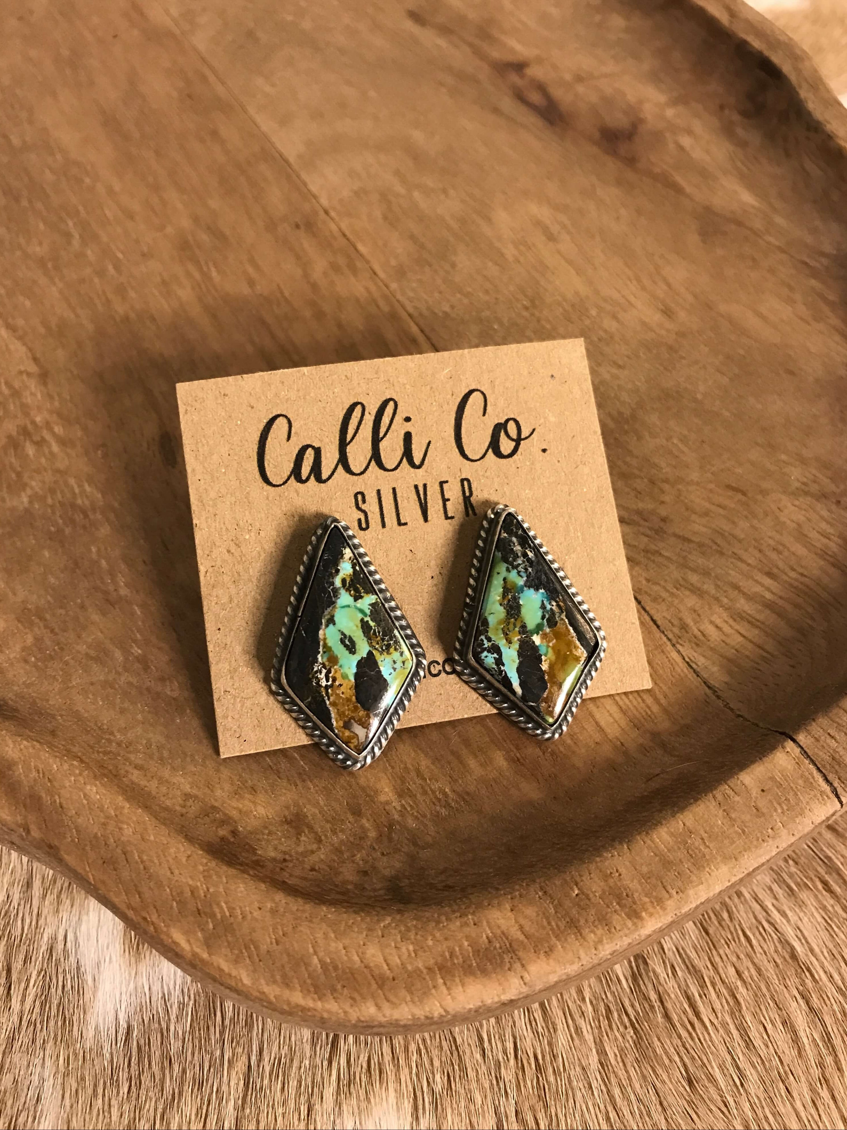 The Black Jack Studs, 19 xx-Earrings-Calli Co., Turquoise and Silver Jewelry, Native American Handmade, Zuni Tribe, Navajo Tribe, Brock Texas