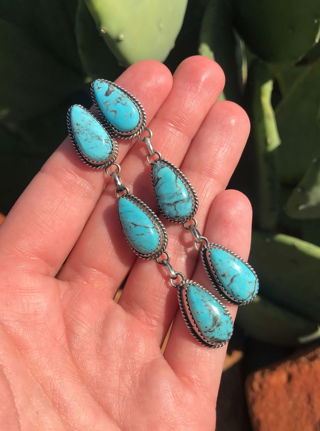 The 3 Stone Drop Earrings, 6-Earrings-Calli Co., Turquoise and Silver Jewelry, Native American Handmade, Zuni Tribe, Navajo Tribe, Brock Texas