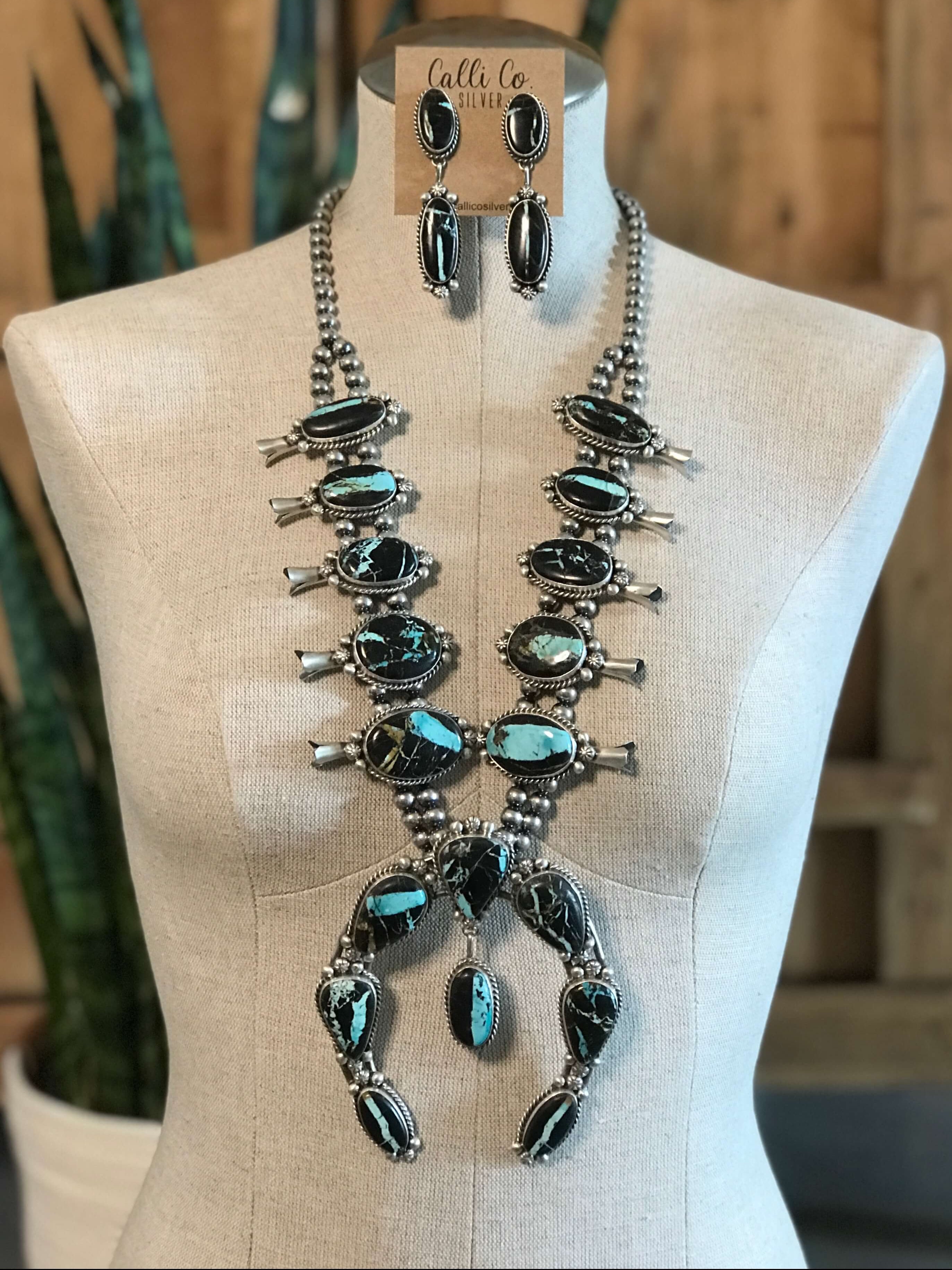 The Borrego Grande Squash Blossom Necklace Set-Necklaces-Calli Co., Turquoise and Silver Jewelry, Native American Handmade, Zuni Tribe, Navajo Tribe, Brock Texas