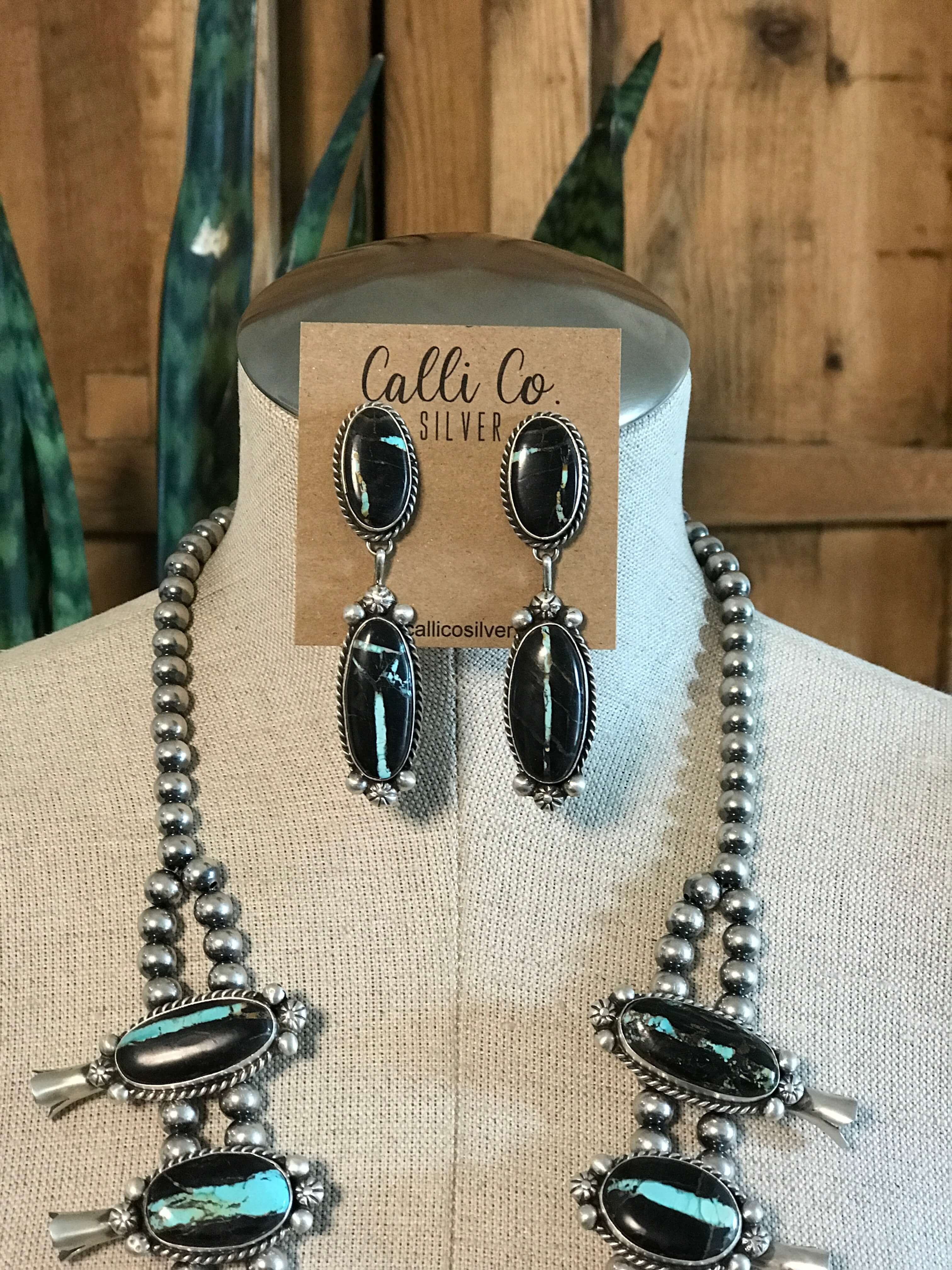 The Borrego Grande Squash Blossom Necklace Set-Necklaces-Calli Co., Turquoise and Silver Jewelry, Native American Handmade, Zuni Tribe, Navajo Tribe, Brock Texas