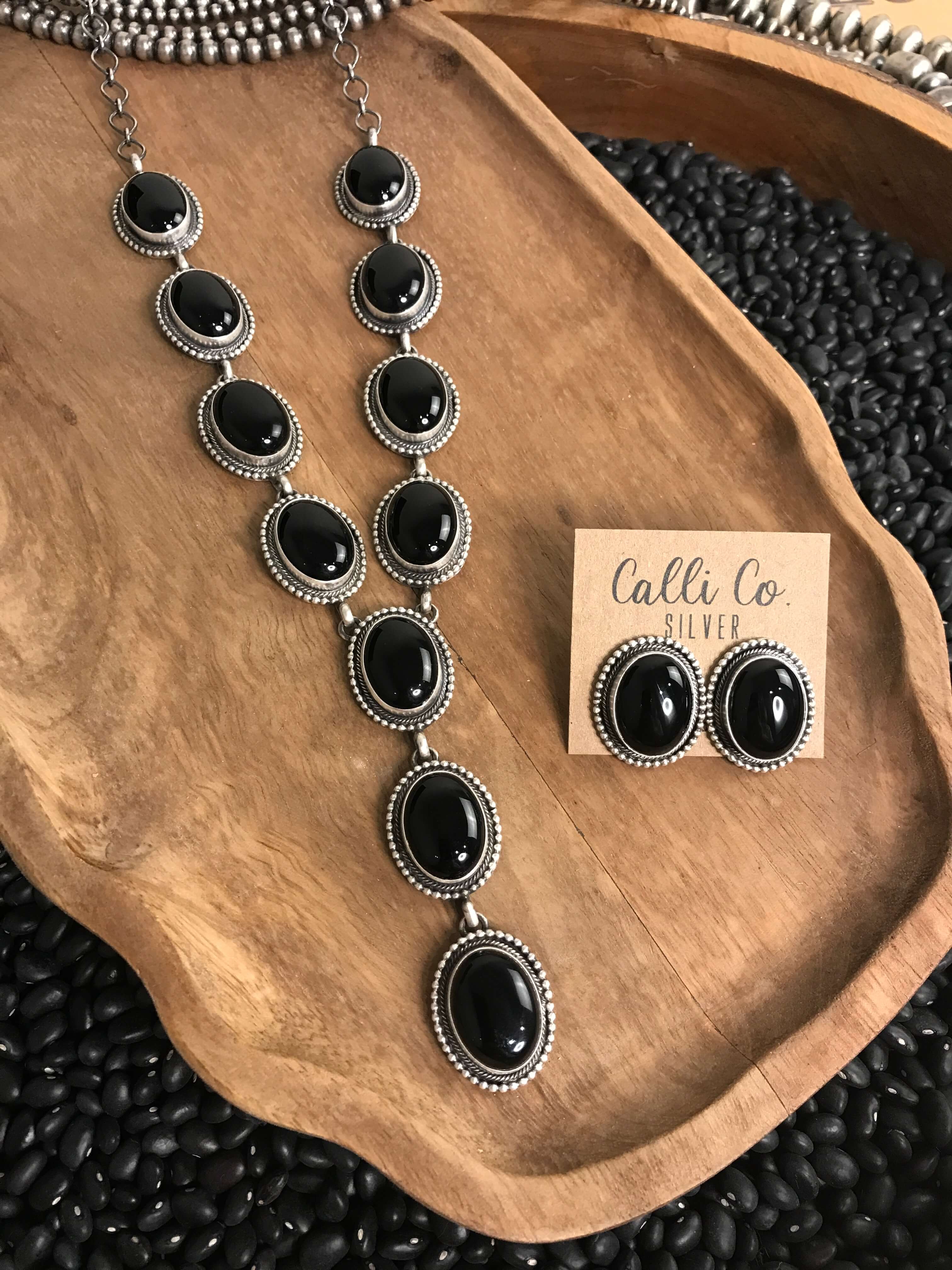 The Enola Lariat Necklace Set-Necklaces-Calli Co., Turquoise and Silver Jewelry, Native American Handmade, Zuni Tribe, Navajo Tribe, Brock Texas