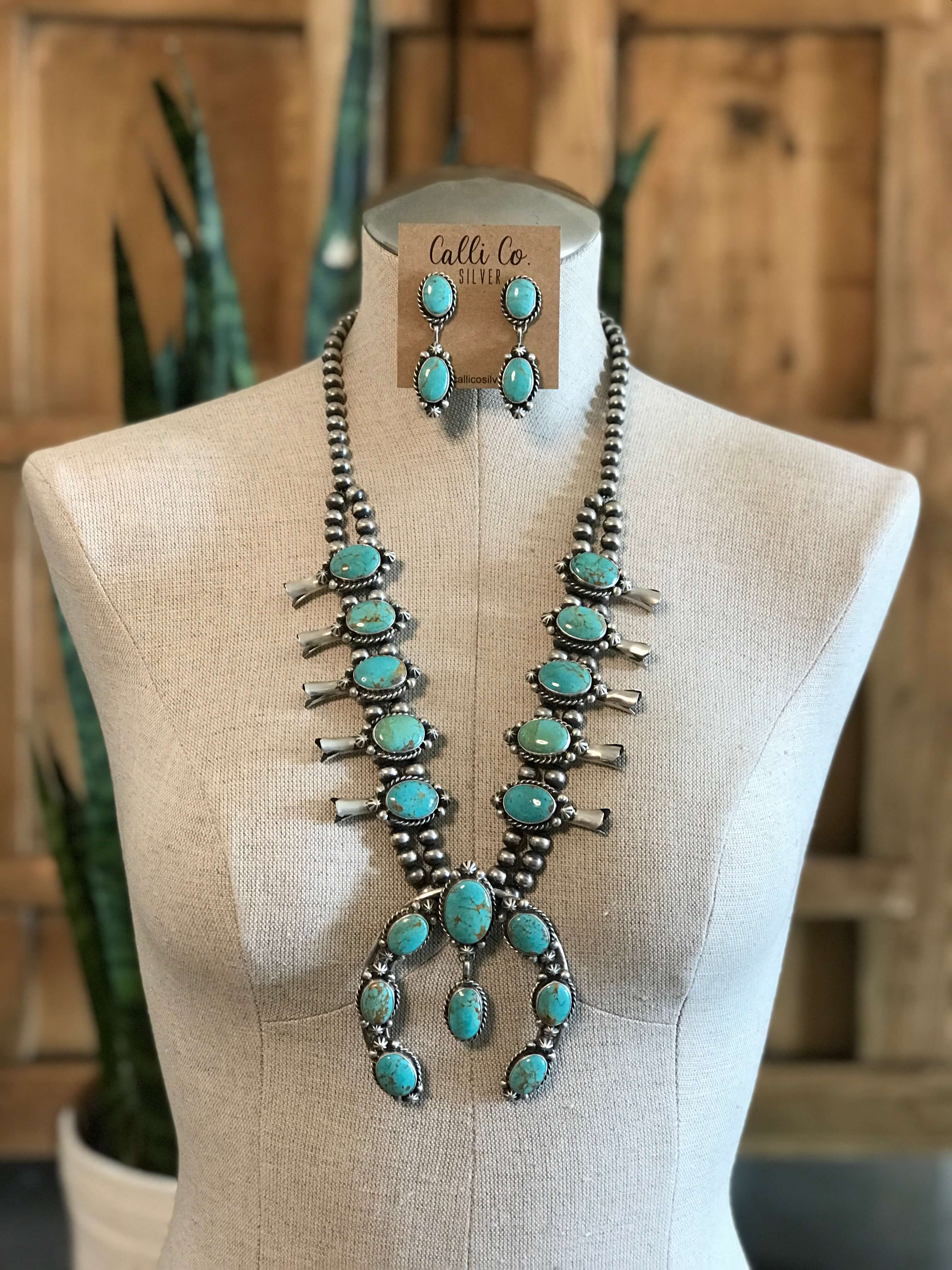 The Brisbane Squash Blossom Necklace Set-Necklaces-Calli Co., Turquoise and Silver Jewelry, Native American Handmade, Zuni Tribe, Navajo Tribe, Brock Texas
