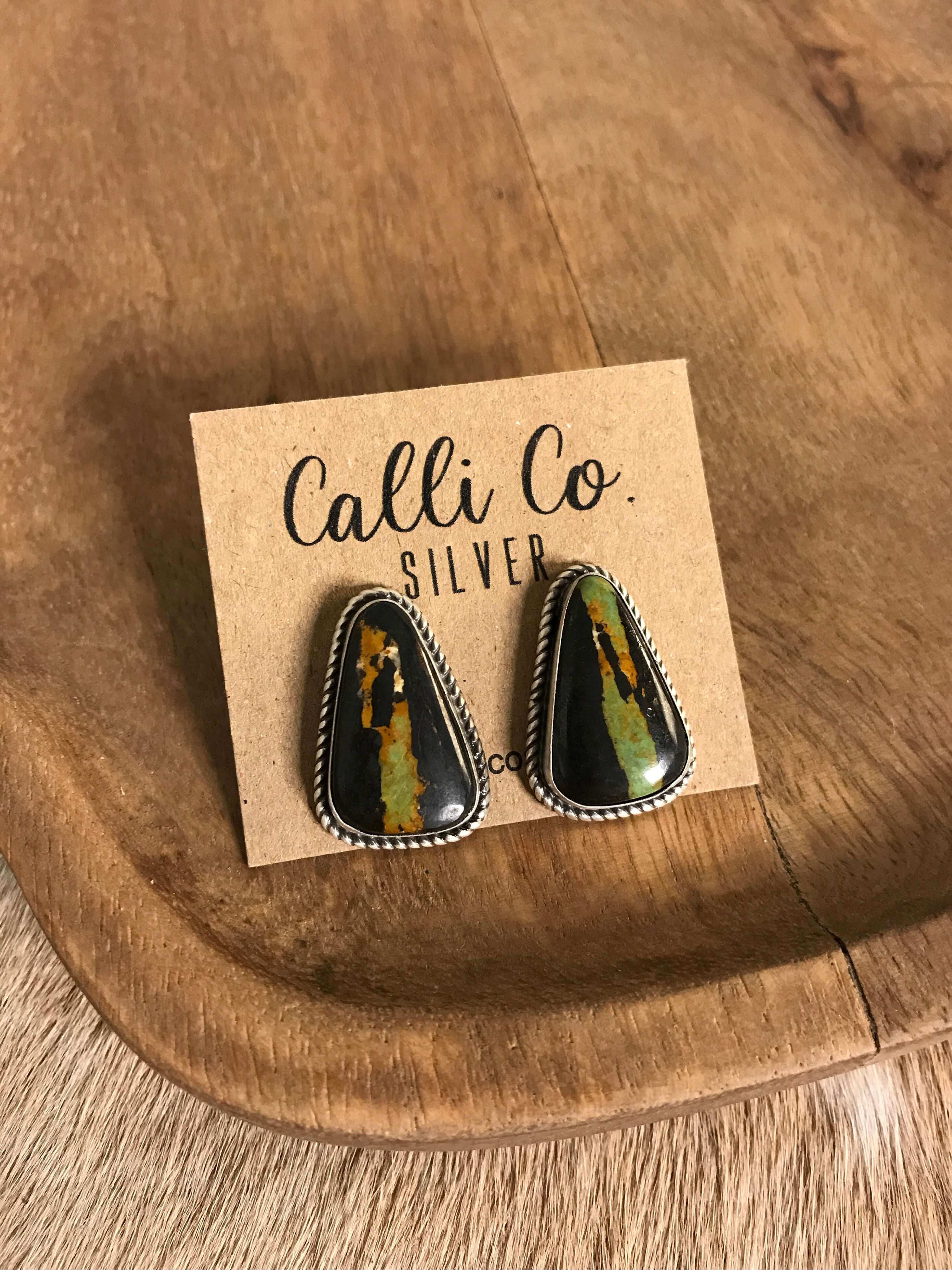 The Black Jack Studs, 23-Earrings-Calli Co., Turquoise and Silver Jewelry, Native American Handmade, Zuni Tribe, Navajo Tribe, Brock Texas