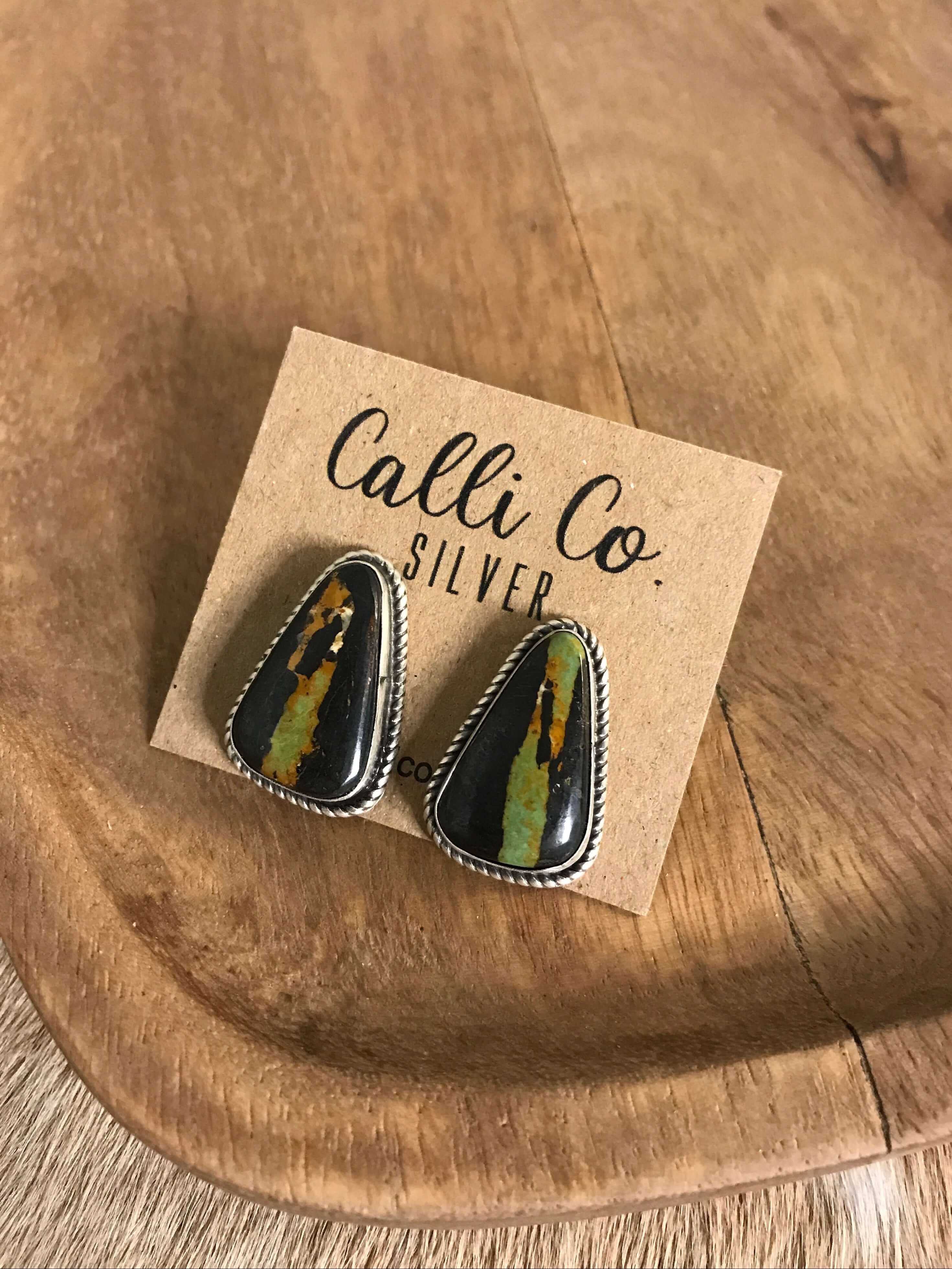 The Black Jack Studs, 23-Earrings-Calli Co., Turquoise and Silver Jewelry, Native American Handmade, Zuni Tribe, Navajo Tribe, Brock Texas