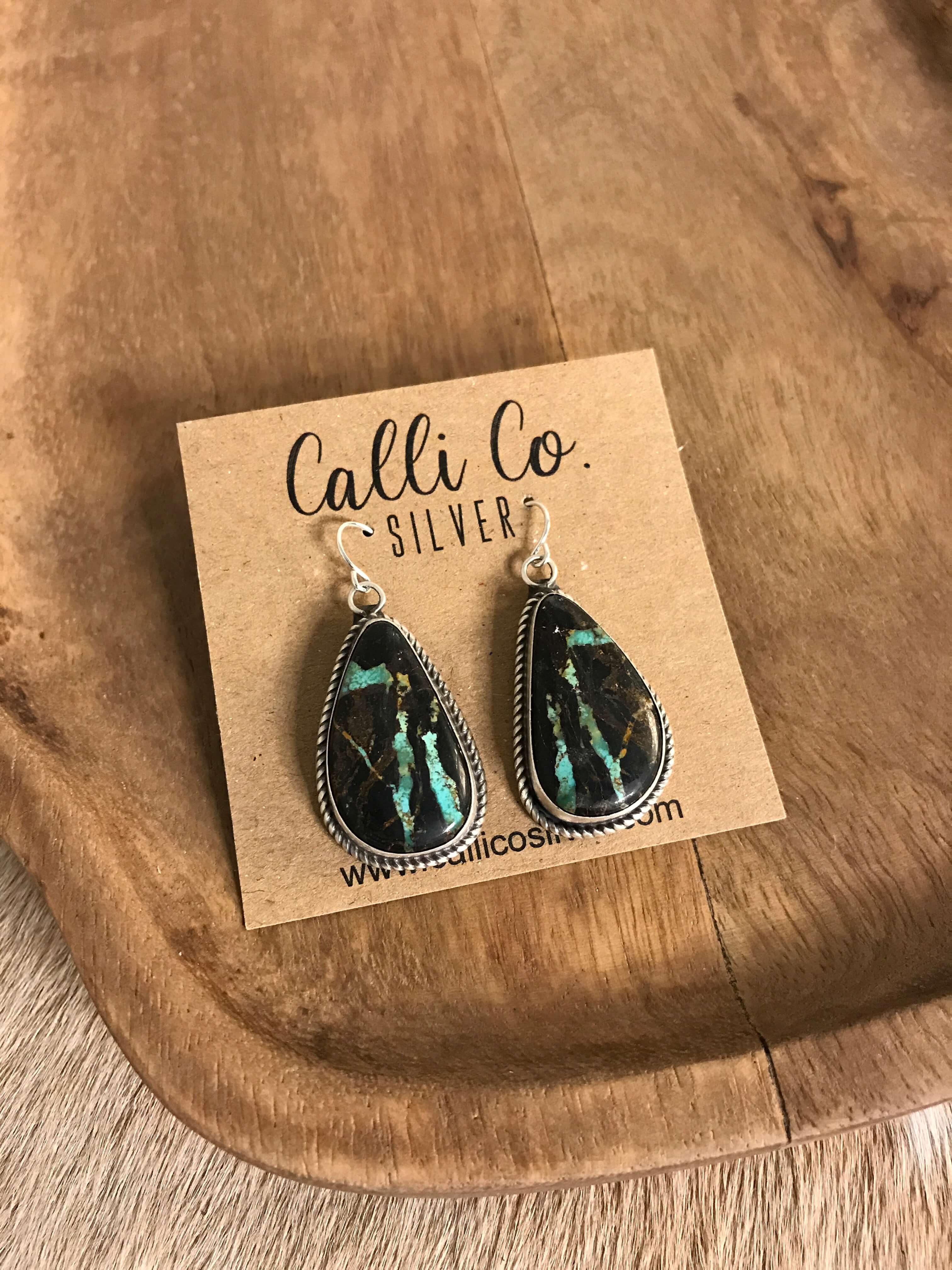 The Black Jack Dangles, 12 xx-Earrings-Calli Co., Turquoise and Silver Jewelry, Native American Handmade, Zuni Tribe, Navajo Tribe, Brock Texas