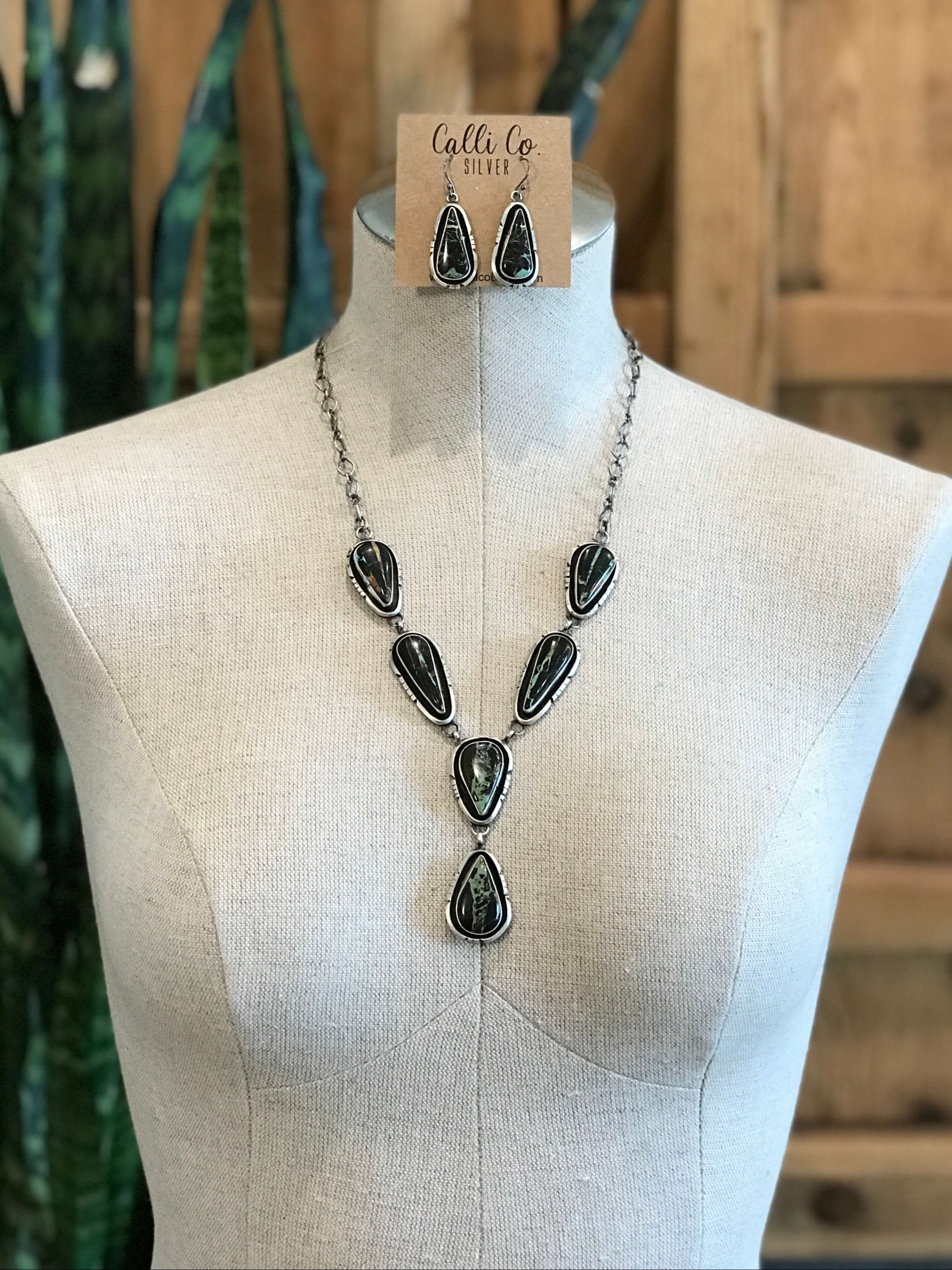 The Black Jack Lariat Necklace Set, 1-Necklaces-Calli Co., Turquoise and Silver Jewelry, Native American Handmade, Zuni Tribe, Navajo Tribe, Brock Texas