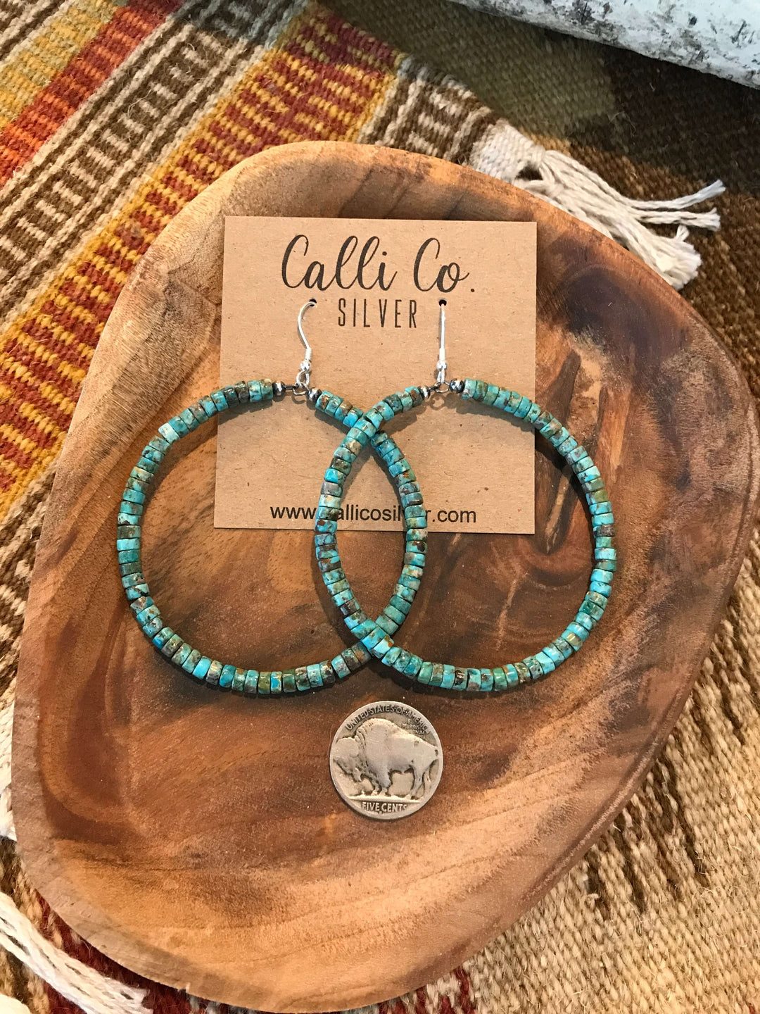 The Odessa Turquoise Hoop Earrings in Blue-Green-Earrings-Calli Co., Turquoise and Silver Jewelry, Native American Handmade, Zuni Tribe, Navajo Tribe, Brock Texas