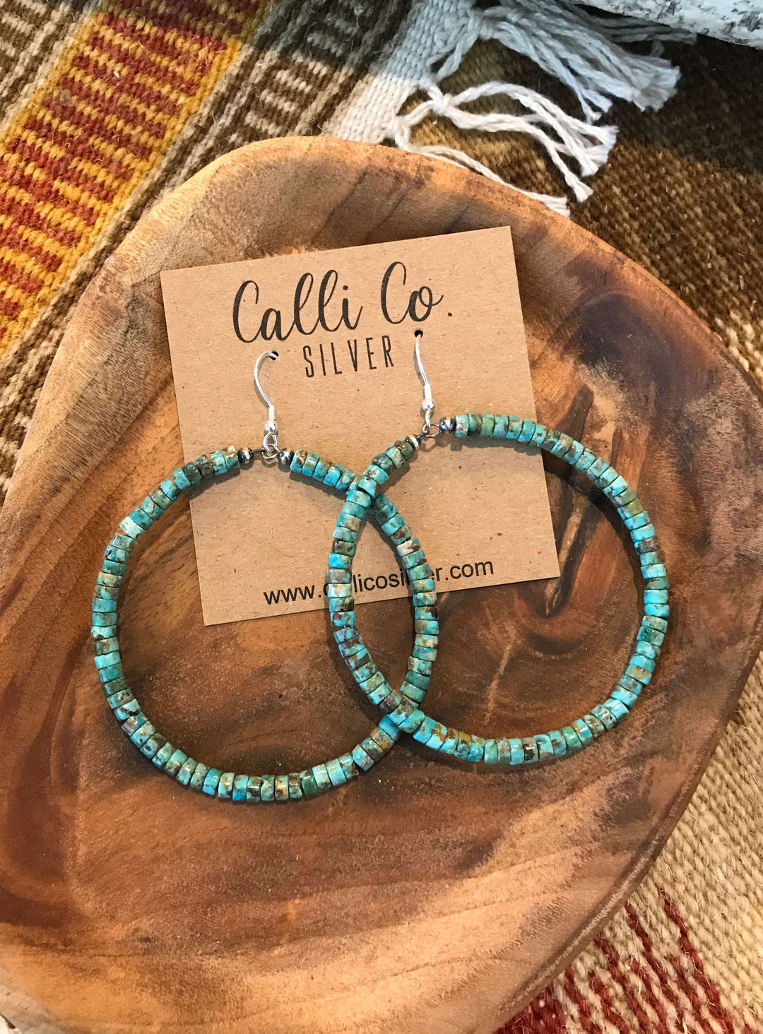The Odessa Turquoise Hoop Earrings in Blue-Green-Earrings-Calli Co., Turquoise and Silver Jewelry, Native American Handmade, Zuni Tribe, Navajo Tribe, Brock Texas