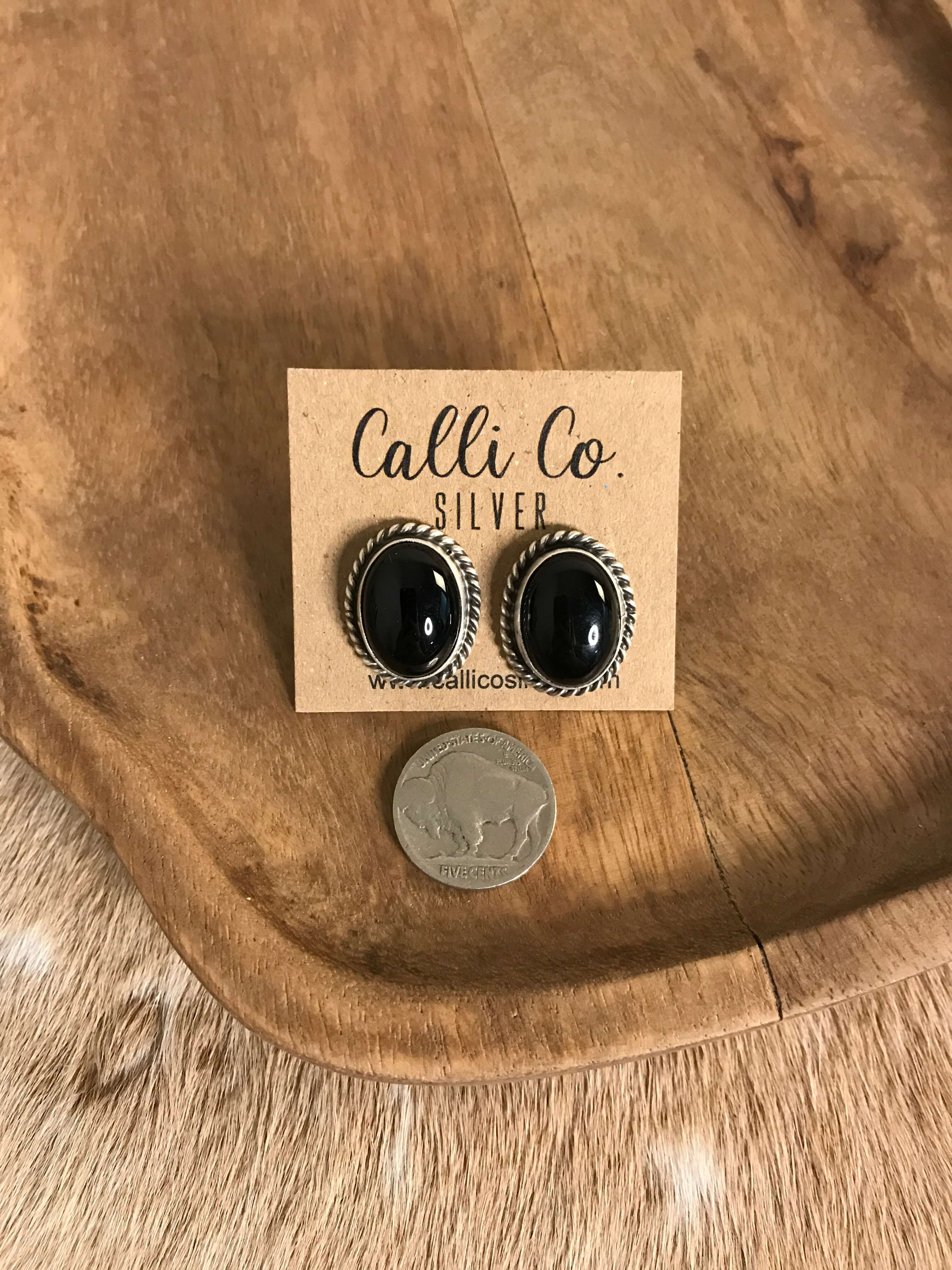 The Lugano Onyx Studs-Earrings-Calli Co., Turquoise and Silver Jewelry, Native American Handmade, Zuni Tribe, Navajo Tribe, Brock Texas