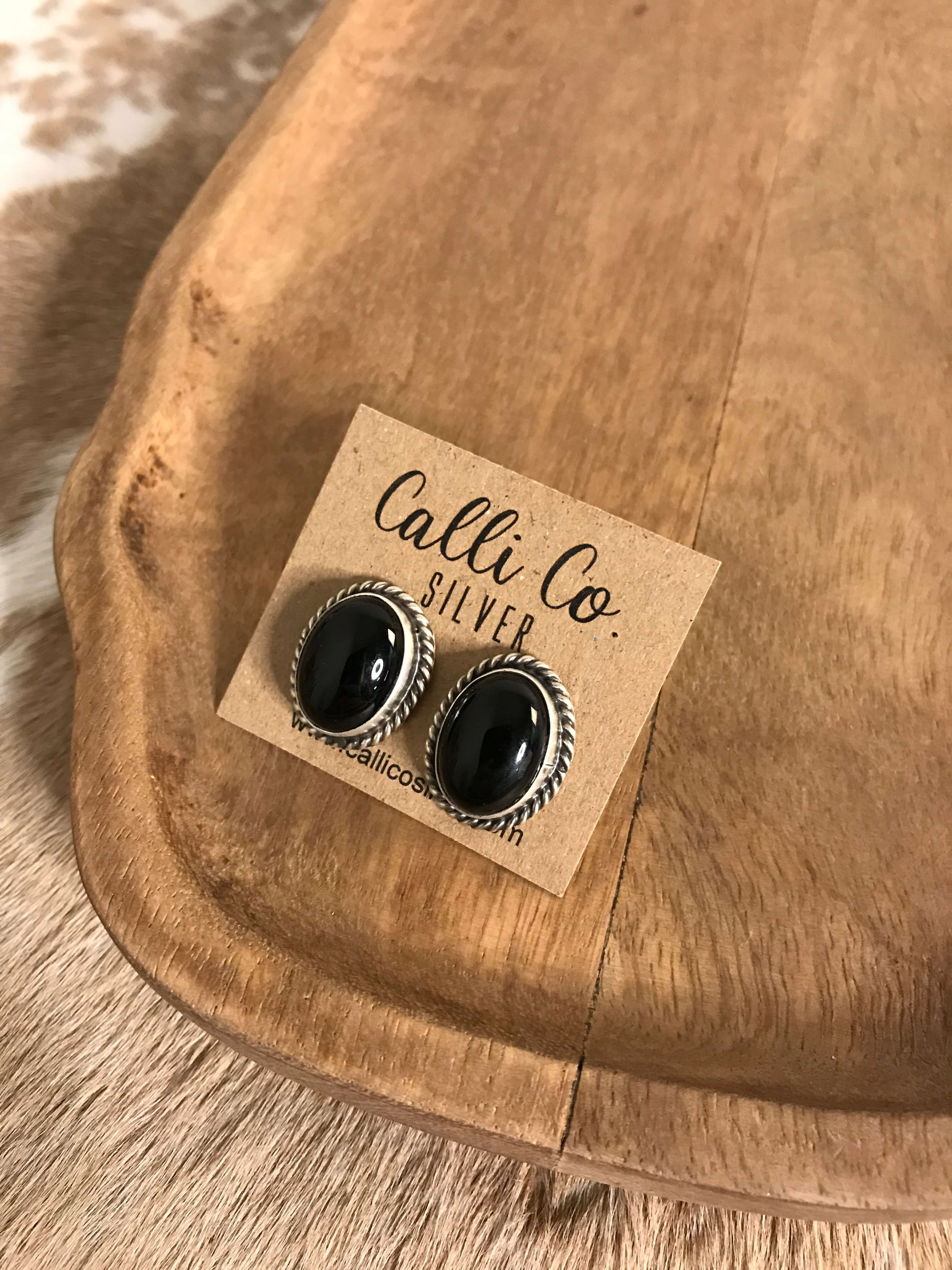 The Lugano Onyx Studs-Earrings-Calli Co., Turquoise and Silver Jewelry, Native American Handmade, Zuni Tribe, Navajo Tribe, Brock Texas