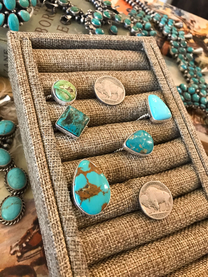 The Yuma Rings in Turquoise-Rings-Calli Co., Turquoise and Silver Jewelry, Native American Handmade, Zuni Tribe, Navajo Tribe, Brock Texas
