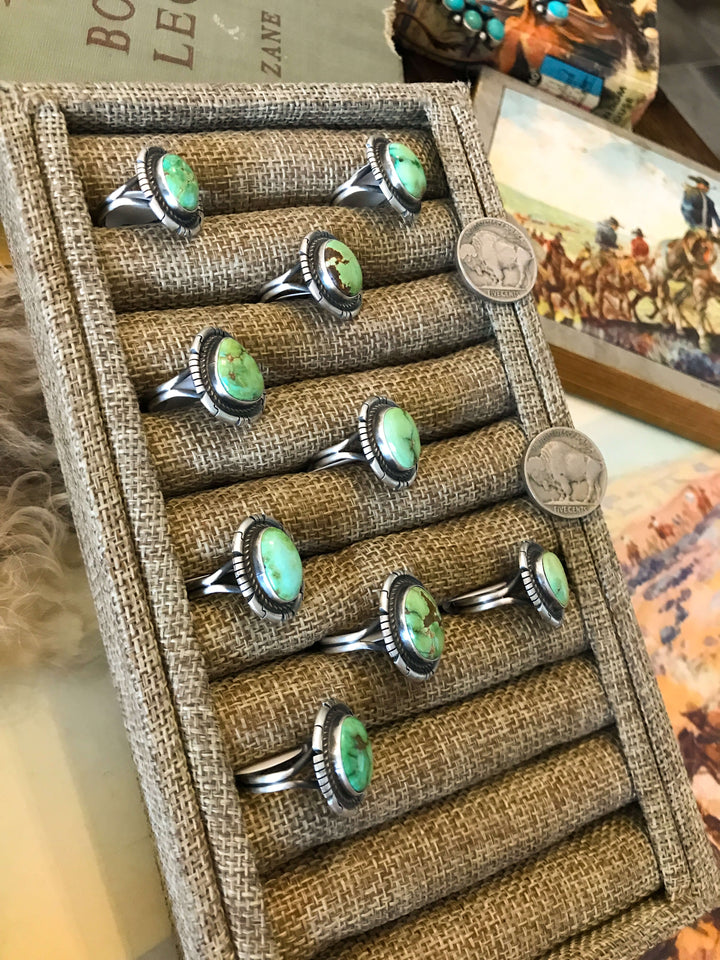 The Yale Rings in Green Turquoise-Rings-Calli Co., Turquoise and Silver Jewelry, Native American Handmade, Zuni Tribe, Navajo Tribe, Brock Texas