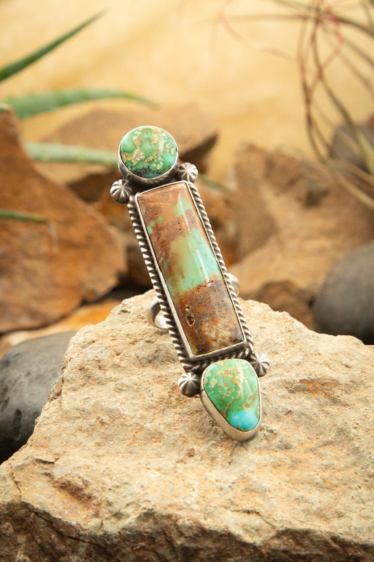 The Adjustable 3 Stone Ring, 2-Rings-Calli Co., Turquoise and Silver Jewelry, Native American Handmade, Zuni Tribe, Navajo Tribe, Brock Texas