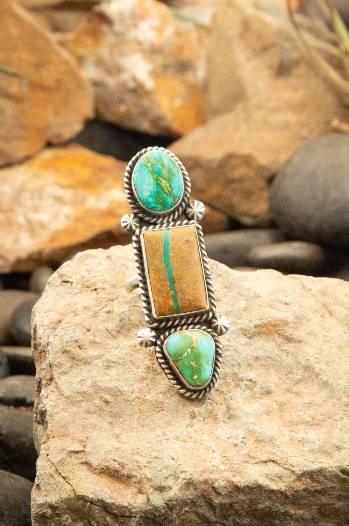 The Adjustable 3 Stone Ring, 1-Rings-Calli Co., Turquoise and Silver Jewelry, Native American Handmade, Zuni Tribe, Navajo Tribe, Brock Texas