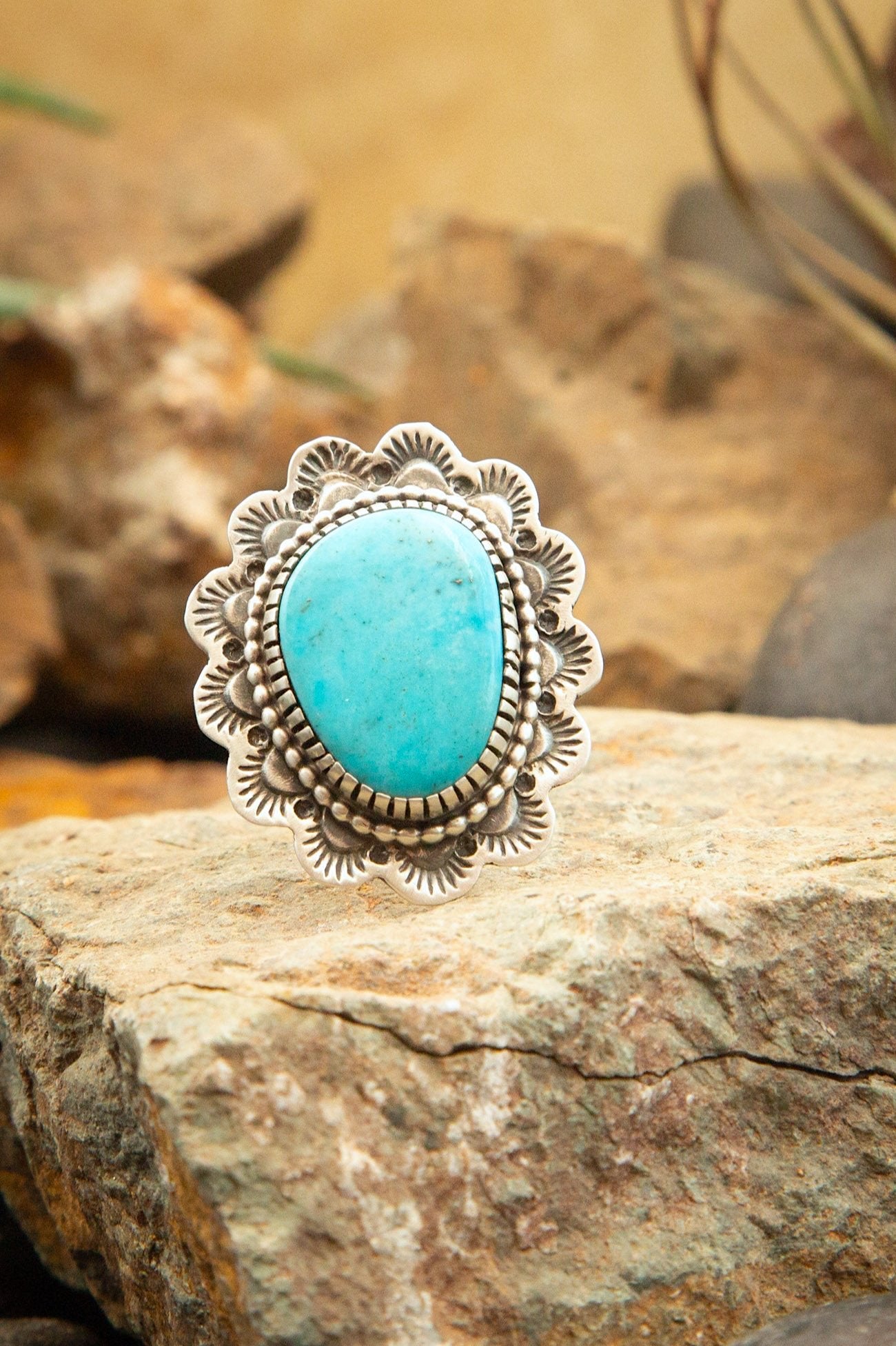 The Turquoise Concho Ring, 2 Sz. 9.5-Rings-Calli Co., Turquoise and Silver Jewelry, Native American Handmade, Zuni Tribe, Navajo Tribe, Brock Texas