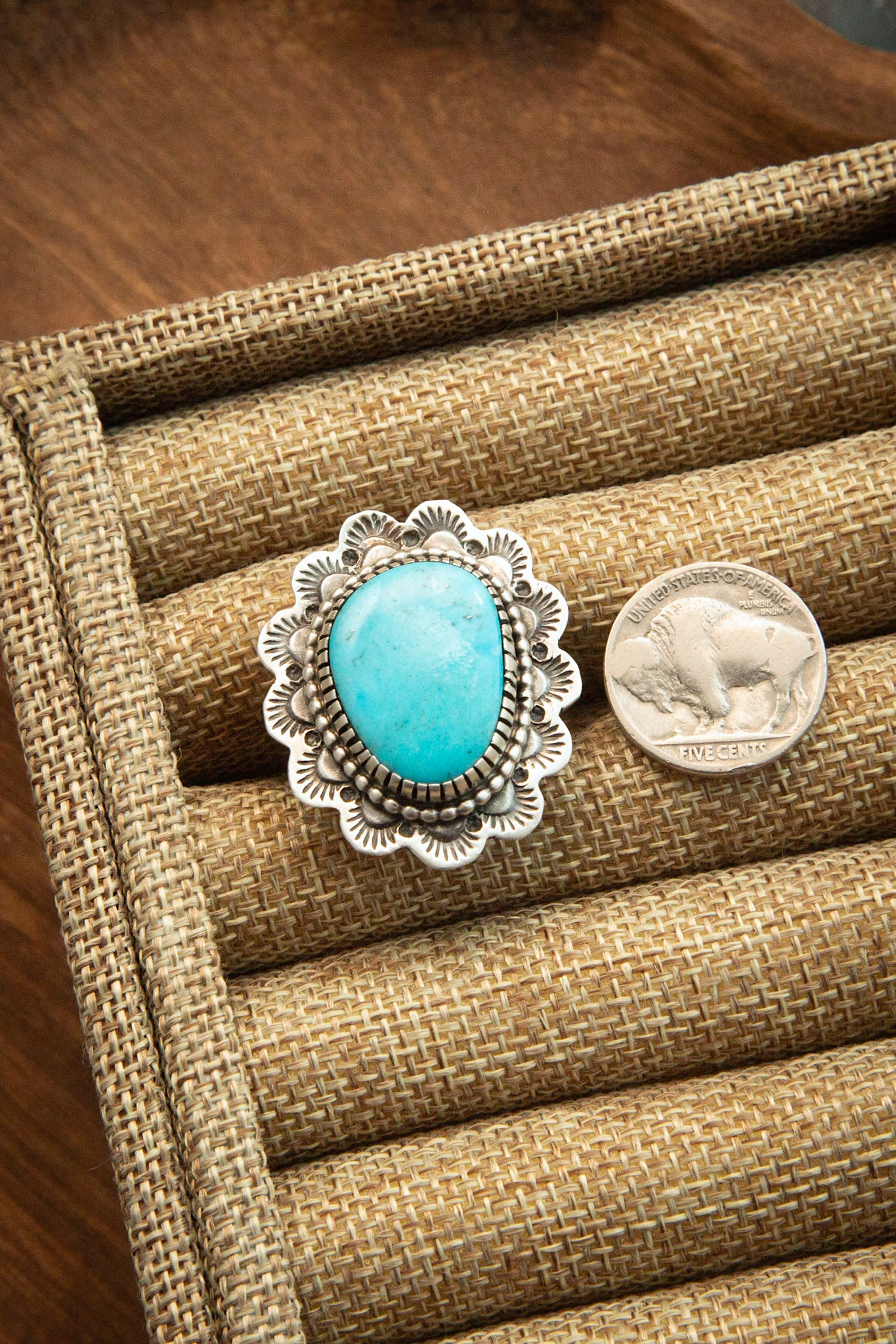 The Turquoise Concho Ring, 2 Sz. 9.5-Rings-Calli Co., Turquoise and Silver Jewelry, Native American Handmade, Zuni Tribe, Navajo Tribe, Brock Texas