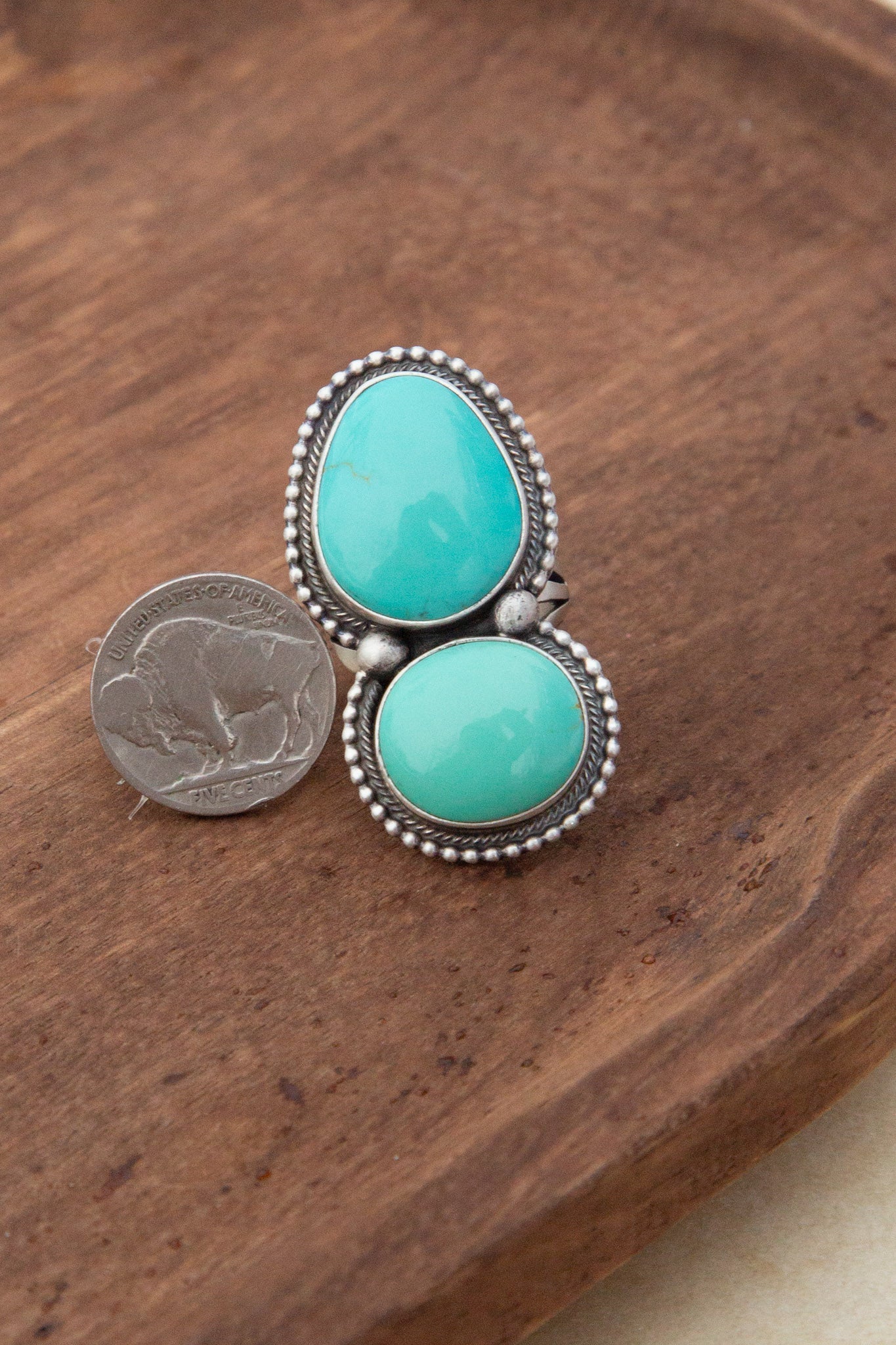 The Wallace Double Stone Turquoise Ring 62, Sz 7.5-Rings-Calli Co., Turquoise and Silver Jewelry, Native American Handmade, Zuni Tribe, Navajo Tribe, Brock Texas