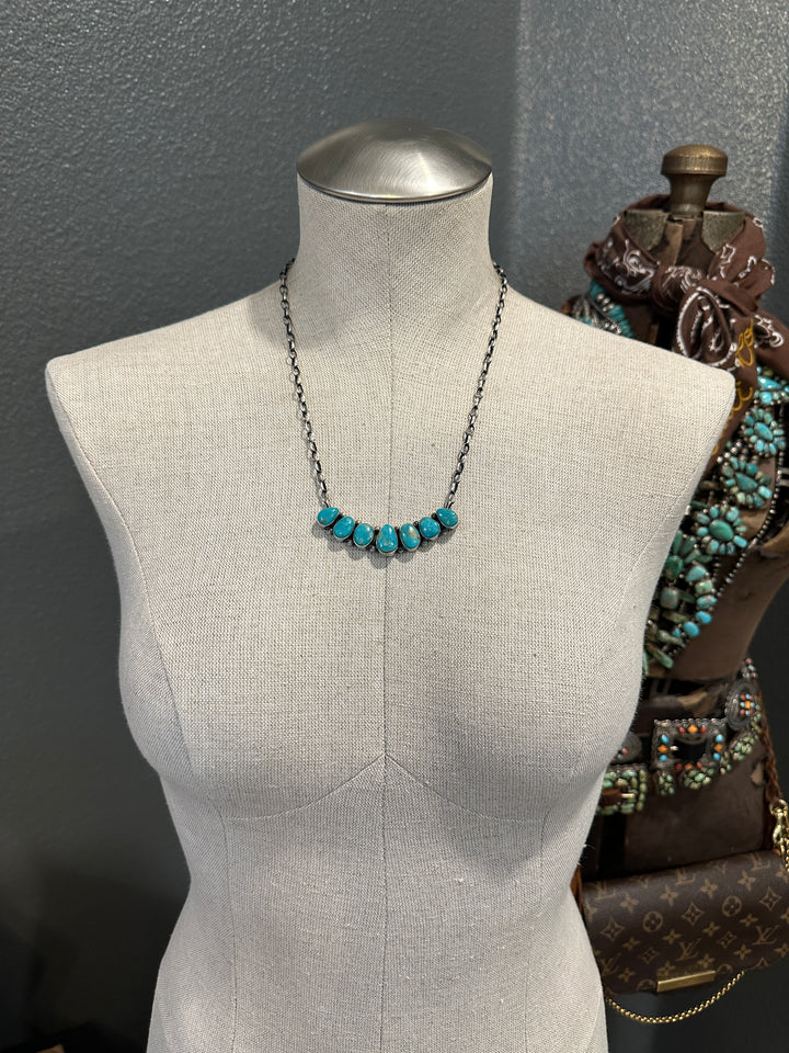 The Gallegos 7 Stone Necklace, 1-Necklaces-Calli Co., Turquoise and Silver Jewelry, Native American Handmade, Zuni Tribe, Navajo Tribe, Brock Texas