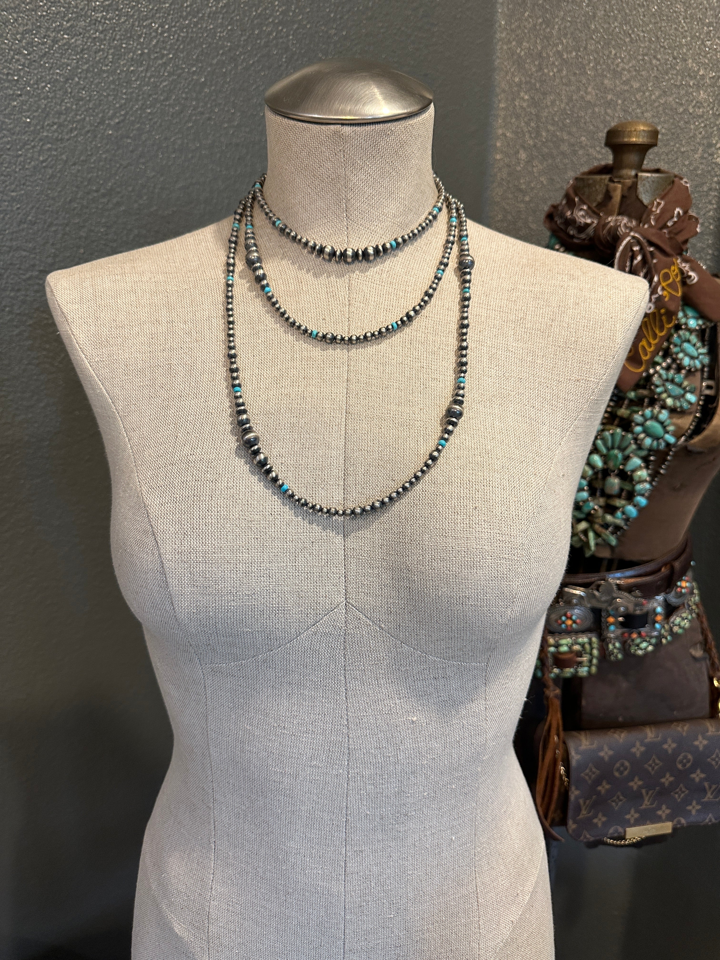 The Selby Necklace, 60"-Necklaces-Calli Co., Turquoise and Silver Jewelry, Native American Handmade, Zuni Tribe, Navajo Tribe, Brock Texas