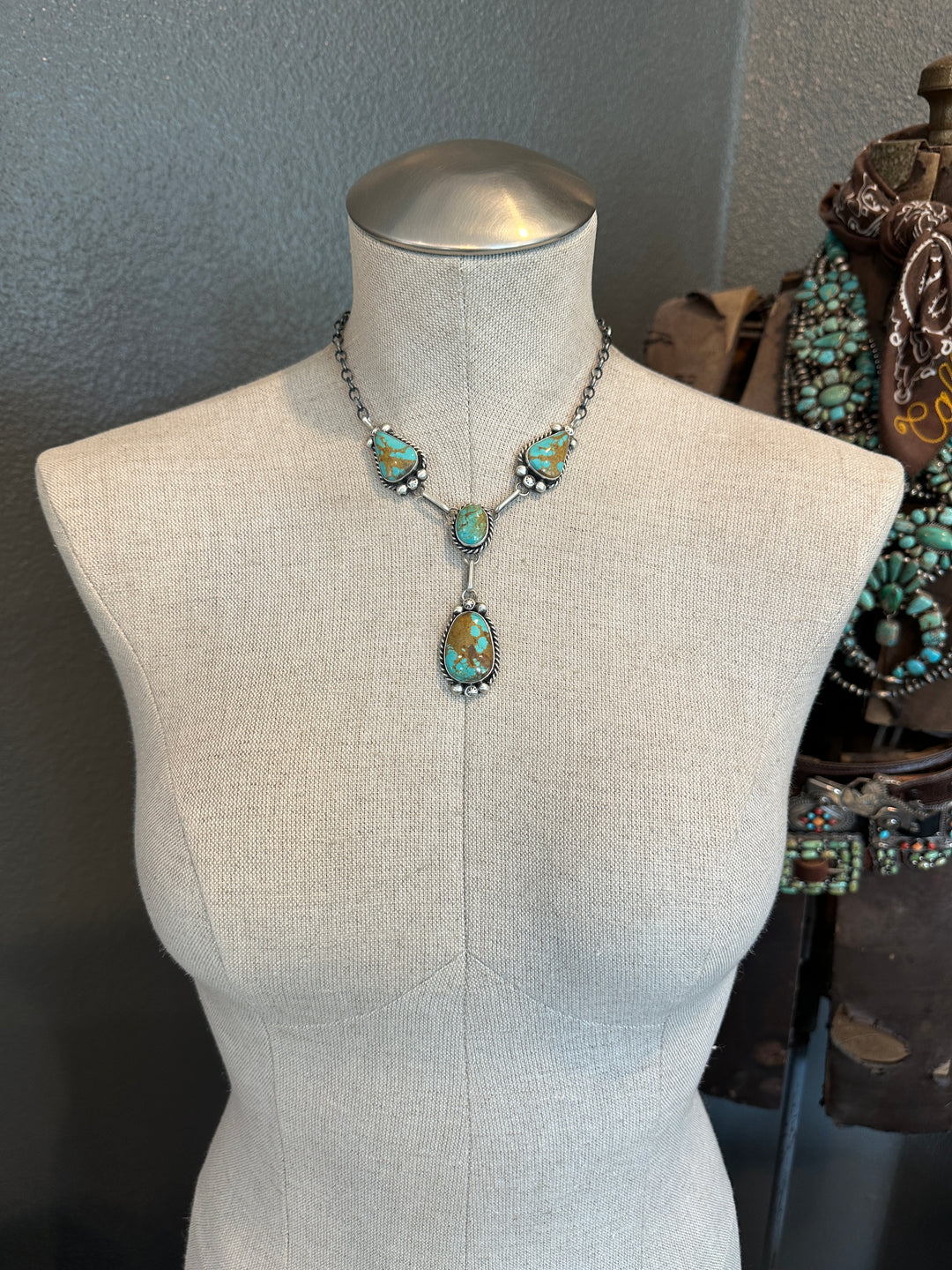 The Castello Turquoise Lariat Necklace Set-Necklaces-Calli Co., Turquoise and Silver Jewelry, Native American Handmade, Zuni Tribe, Navajo Tribe, Brock Texas