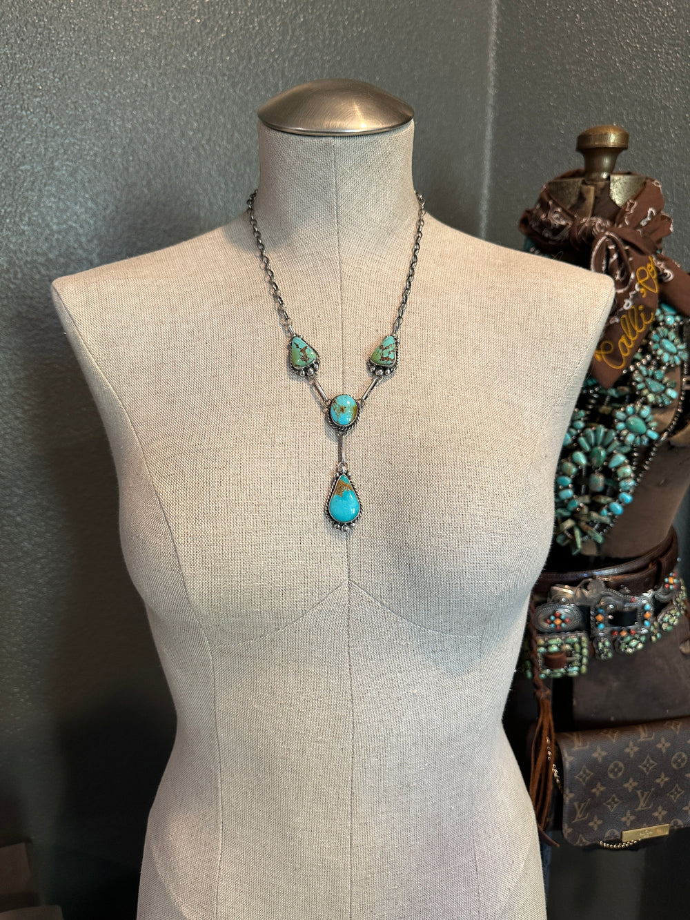 The Lowake Turquoise Lariat Necklace Set-Necklaces-Calli Co., Turquoise and Silver Jewelry, Native American Handmade, Zuni Tribe, Navajo Tribe, Brock Texas