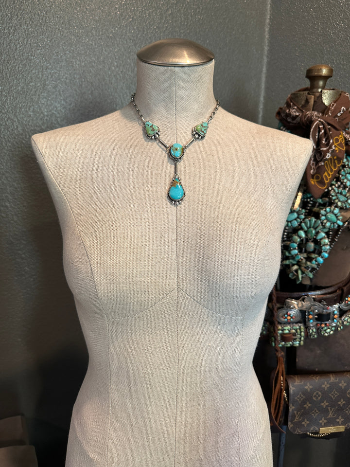 The Lowake Turquoise Lariat Necklace Set-Necklaces-Calli Co., Turquoise and Silver Jewelry, Native American Handmade, Zuni Tribe, Navajo Tribe, Brock Texas