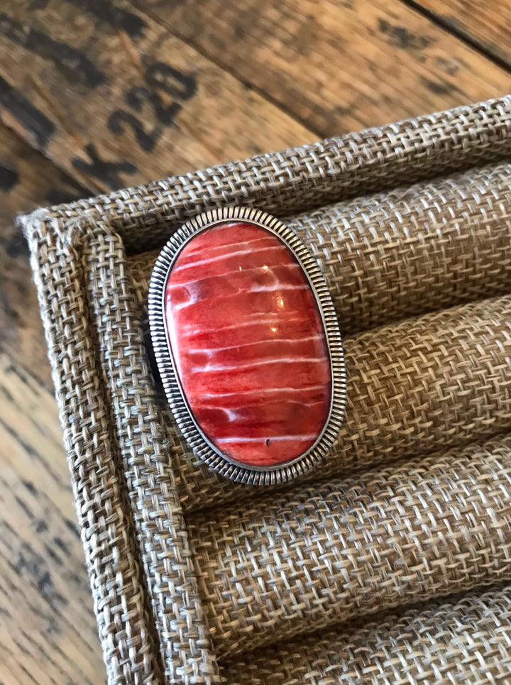 The Billie Ring in Red Spiny, Sz 5.5-Rings-Calli Co., Turquoise and Silver Jewelry, Native American Handmade, Zuni Tribe, Navajo Tribe, Brock Texas
