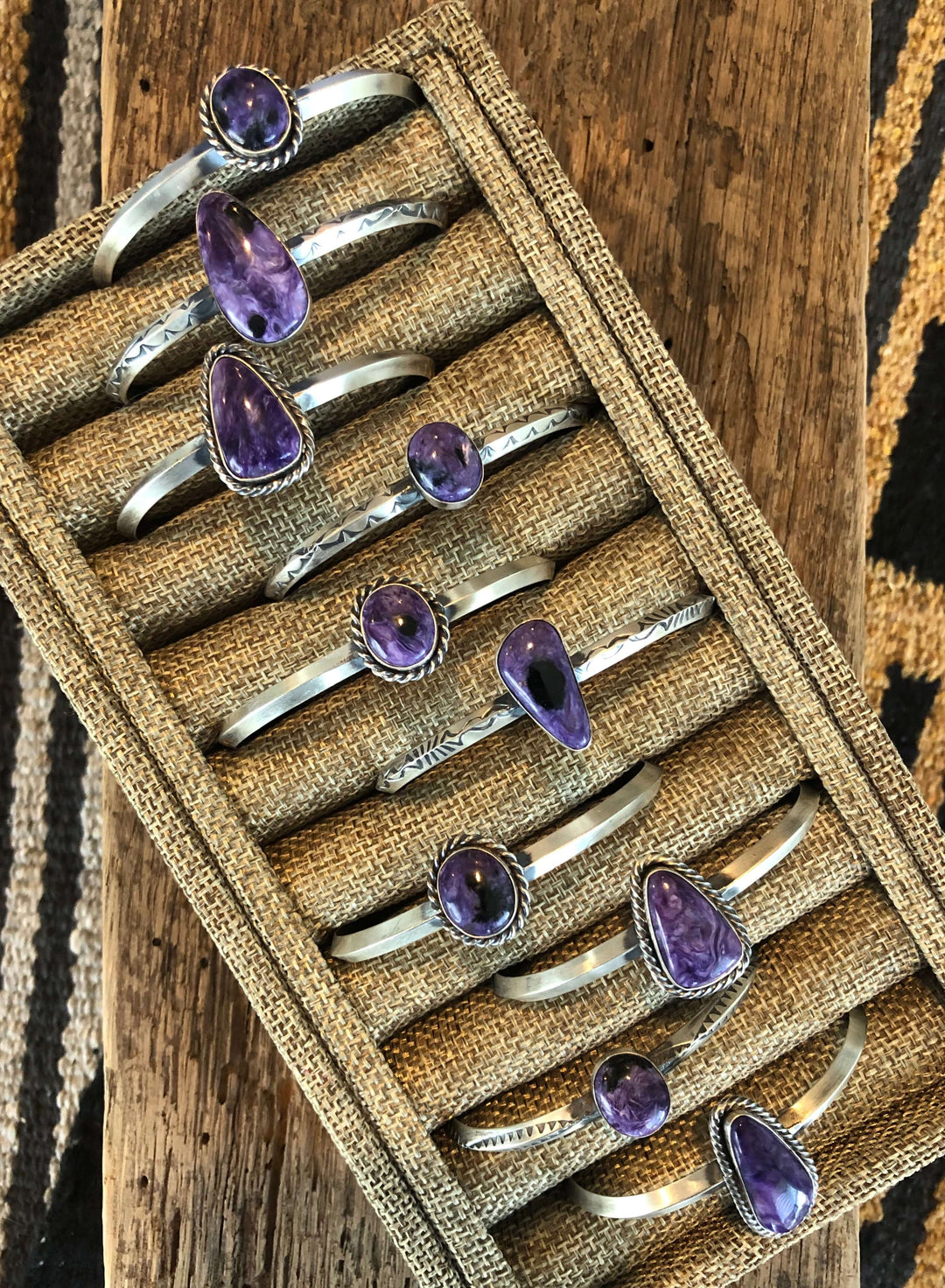 The Charoite Cuffs-Bracelets & Cuffs-Calli Co., Turquoise and Silver Jewelry, Native American Handmade, Zuni Tribe, Navajo Tribe, Brock Texas