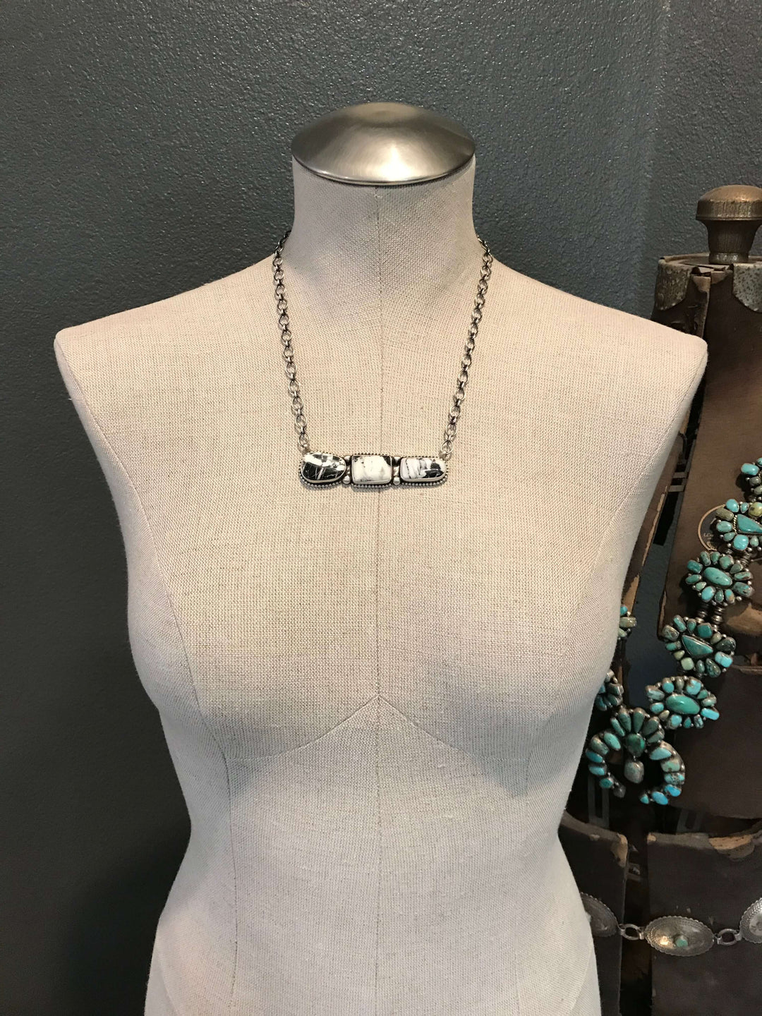 The Humboldt White Buffalo Bar Necklace, 2-Necklaces-Calli Co., Turquoise and Silver Jewelry, Native American Handmade, Zuni Tribe, Navajo Tribe, Brock Texas