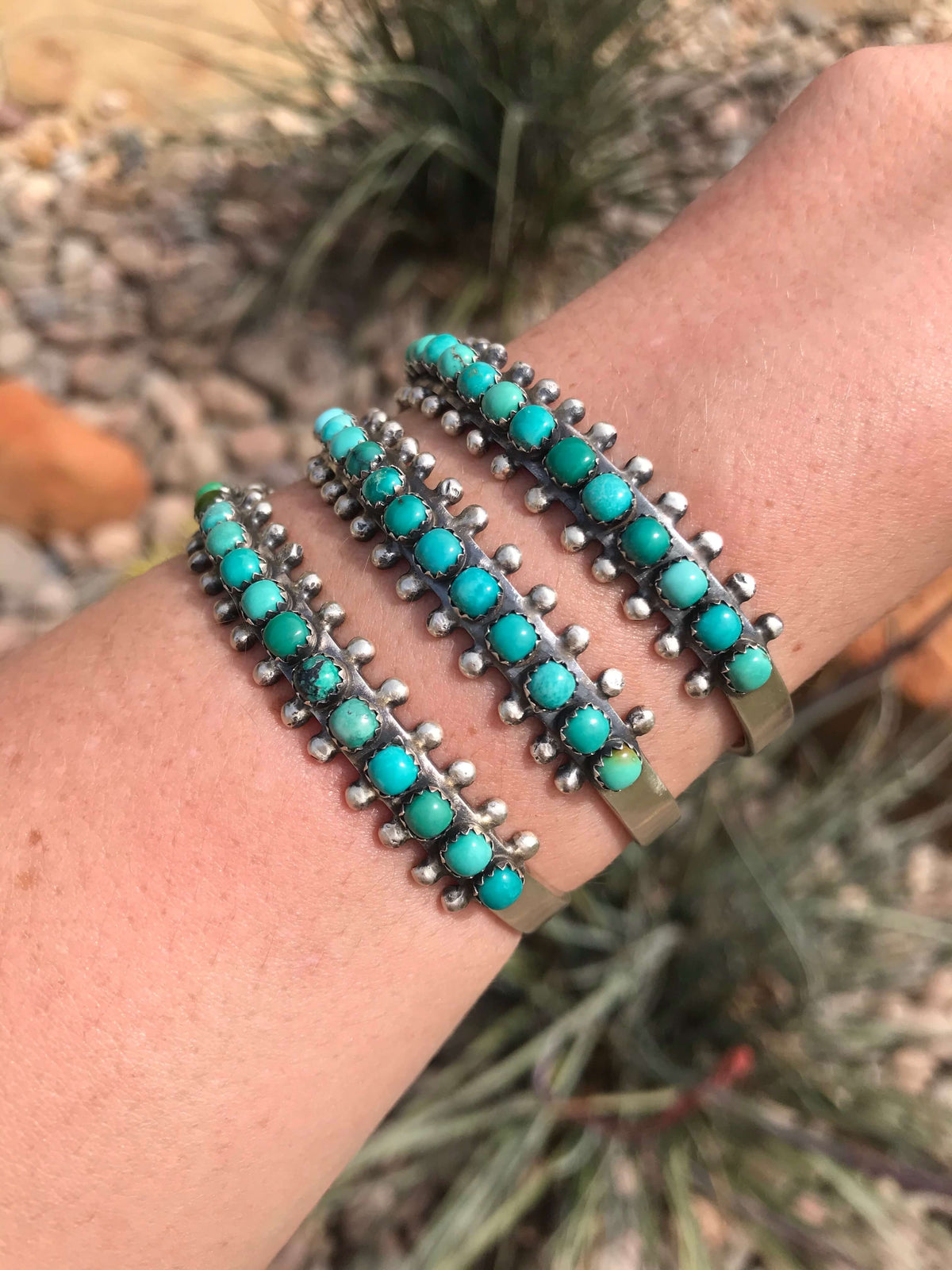 The Tupelo Turquoise Row Cuffs-Bracelets & Cuffs-Calli Co., Turquoise and Silver Jewelry, Native American Handmade, Zuni Tribe, Navajo Tribe, Brock Texas