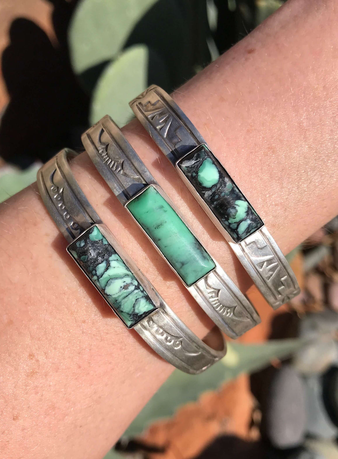 The Variscite Bar Cuffs-Bracelets & Cuffs-Calli Co., Turquoise and Silver Jewelry, Native American Handmade, Zuni Tribe, Navajo Tribe, Brock Texas