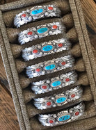 The Tempest Turquoise And Coral Cuff-Bracelets & Cuffs-Calli Co., Turquoise and Silver Jewelry, Native American Handmade, Zuni Tribe, Navajo Tribe, Brock Texas