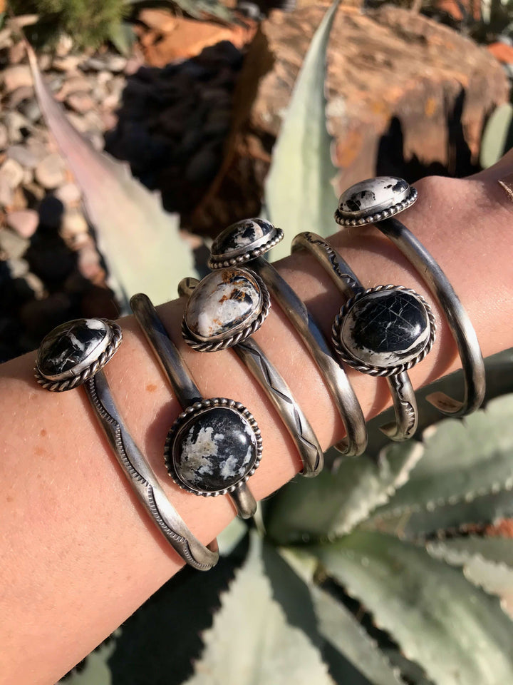 The Adrick White Buffalo Cuffs-Bracelets & Cuffs-Calli Co., Turquoise and Silver Jewelry, Native American Handmade, Zuni Tribe, Navajo Tribe, Brock Texas