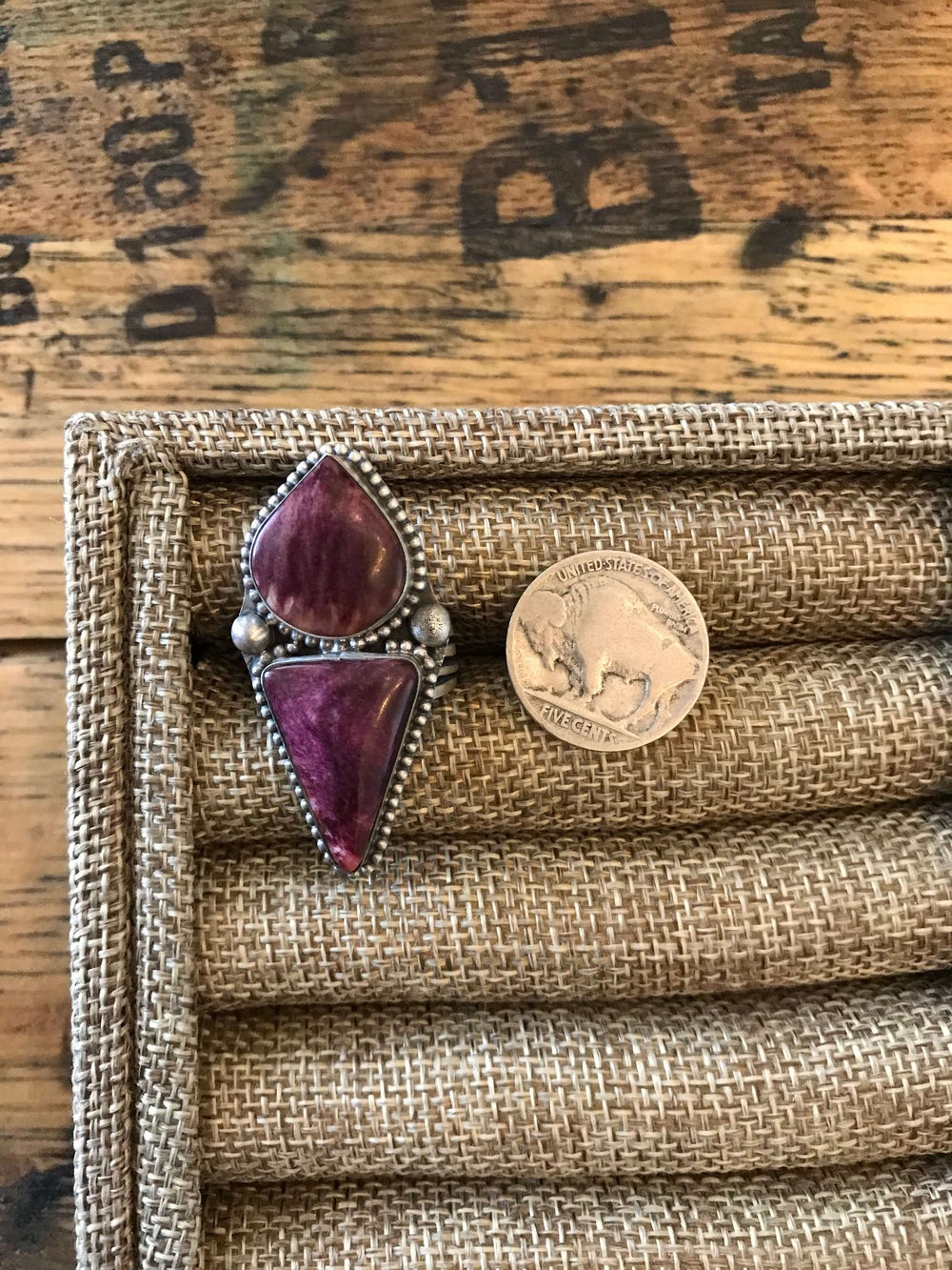 The Purple Spiny Two Stone Ring, 2 Sz 9.5-Rings-Calli Co., Turquoise and Silver Jewelry, Native American Handmade, Zuni Tribe, Navajo Tribe, Brock Texas