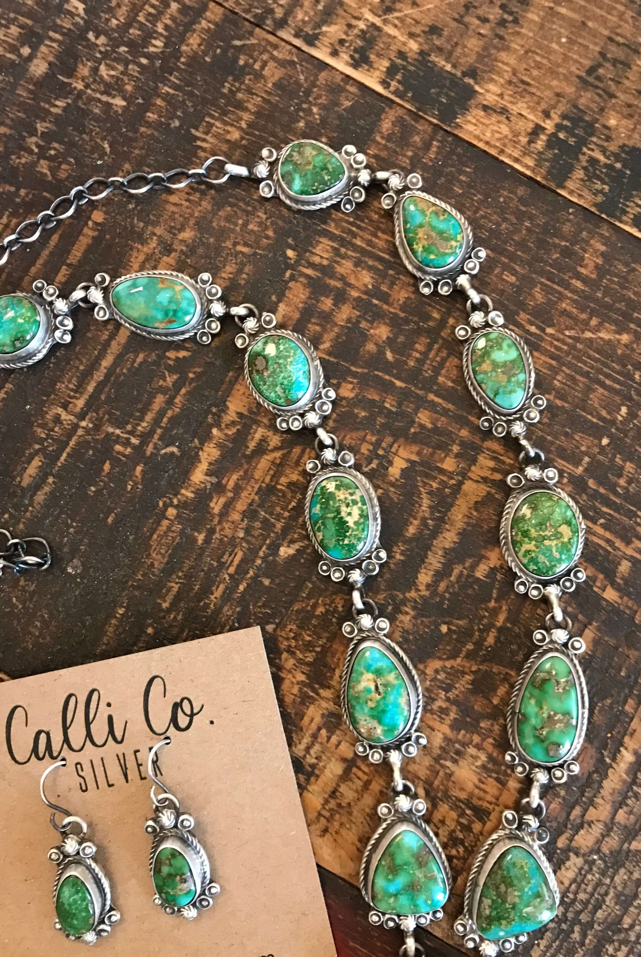 The Lugano Turquoise Lariat Necklace Set-Necklaces-Calli Co., Turquoise and Silver Jewelry, Native American Handmade, Zuni Tribe, Navajo Tribe, Brock Texas