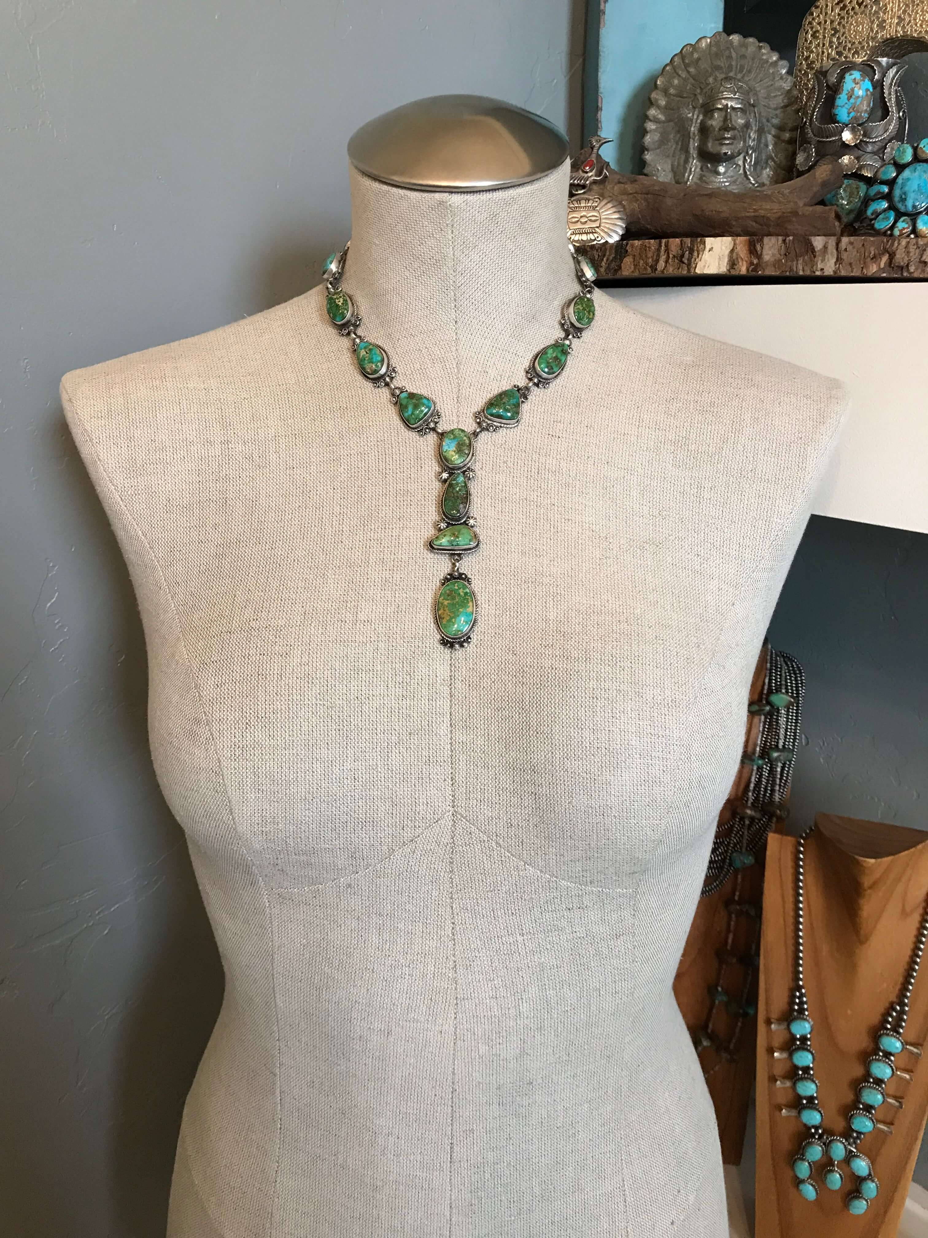 The Lugano Turquoise Lariat Necklace Set-Necklaces-Calli Co., Turquoise and Silver Jewelry, Native American Handmade, Zuni Tribe, Navajo Tribe, Brock Texas