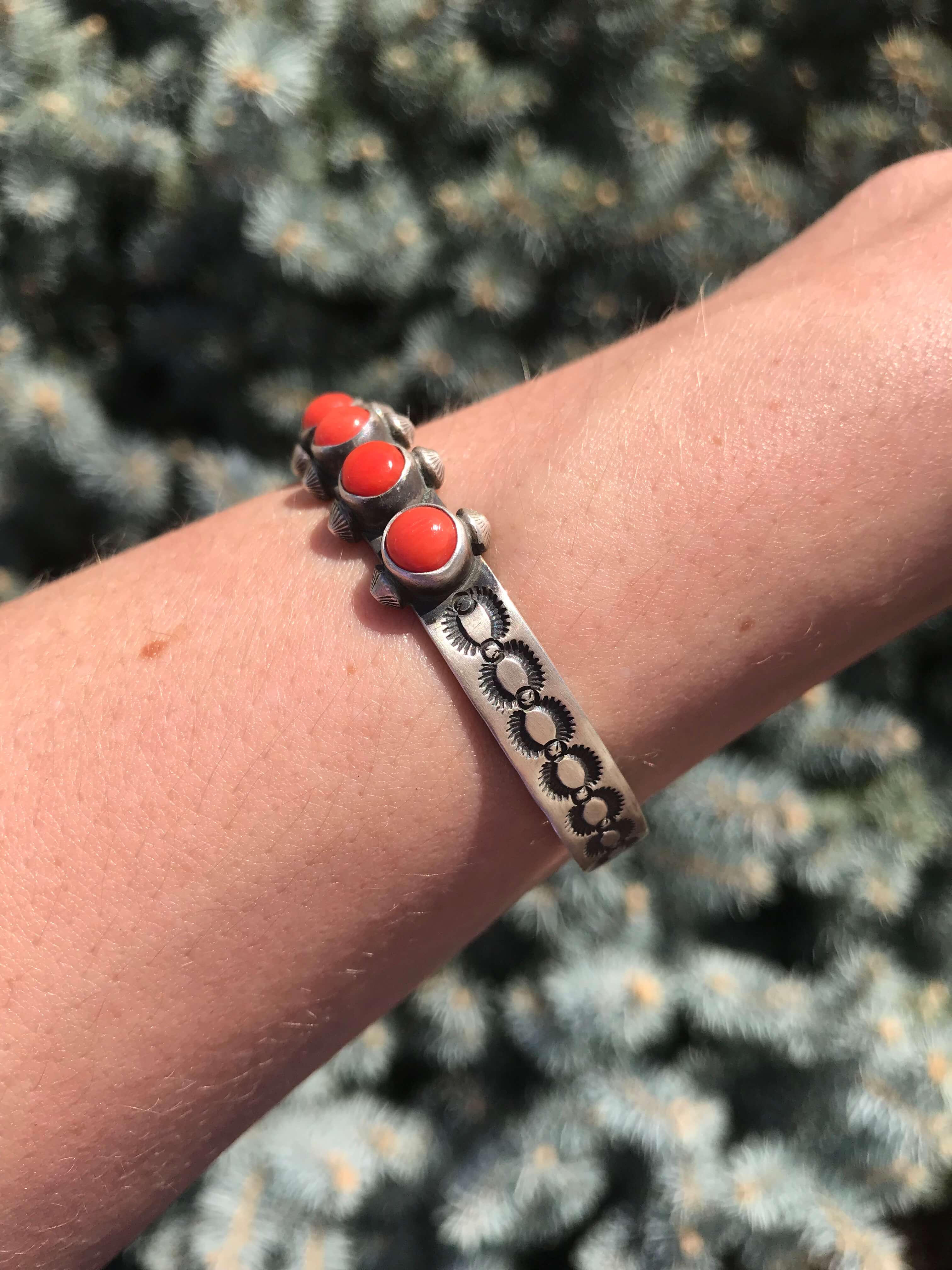 The Bozeman Coral Row Cuff-Bracelets & Cuffs-Calli Co., Turquoise and Silver Jewelry, Native American Handmade, Zuni Tribe, Navajo Tribe, Brock Texas