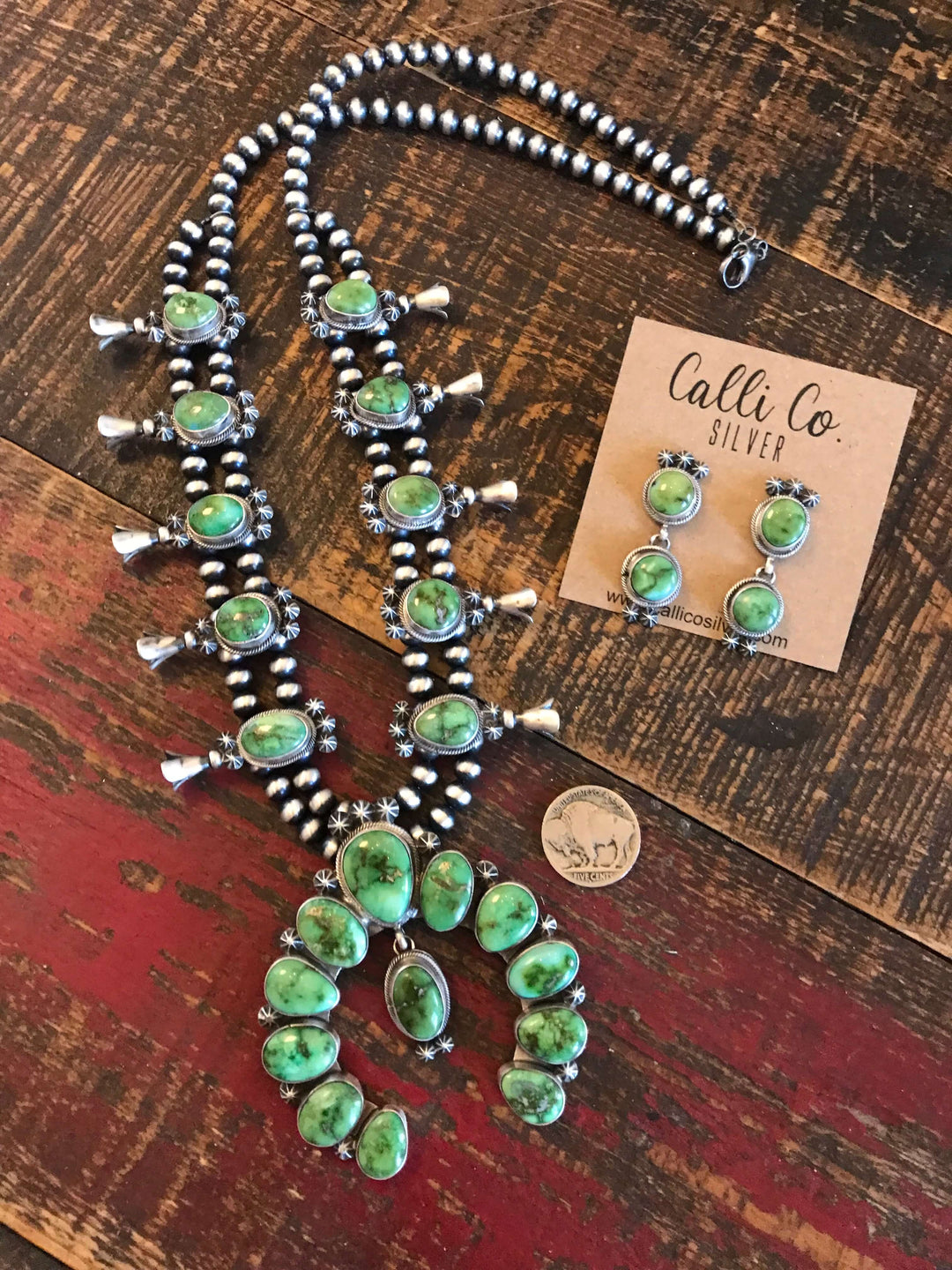 The Mendota Turquoise Squash Blossom Necklace Set-Necklaces-Calli Co., Turquoise and Silver Jewelry, Native American Handmade, Zuni Tribe, Navajo Tribe, Brock Texas