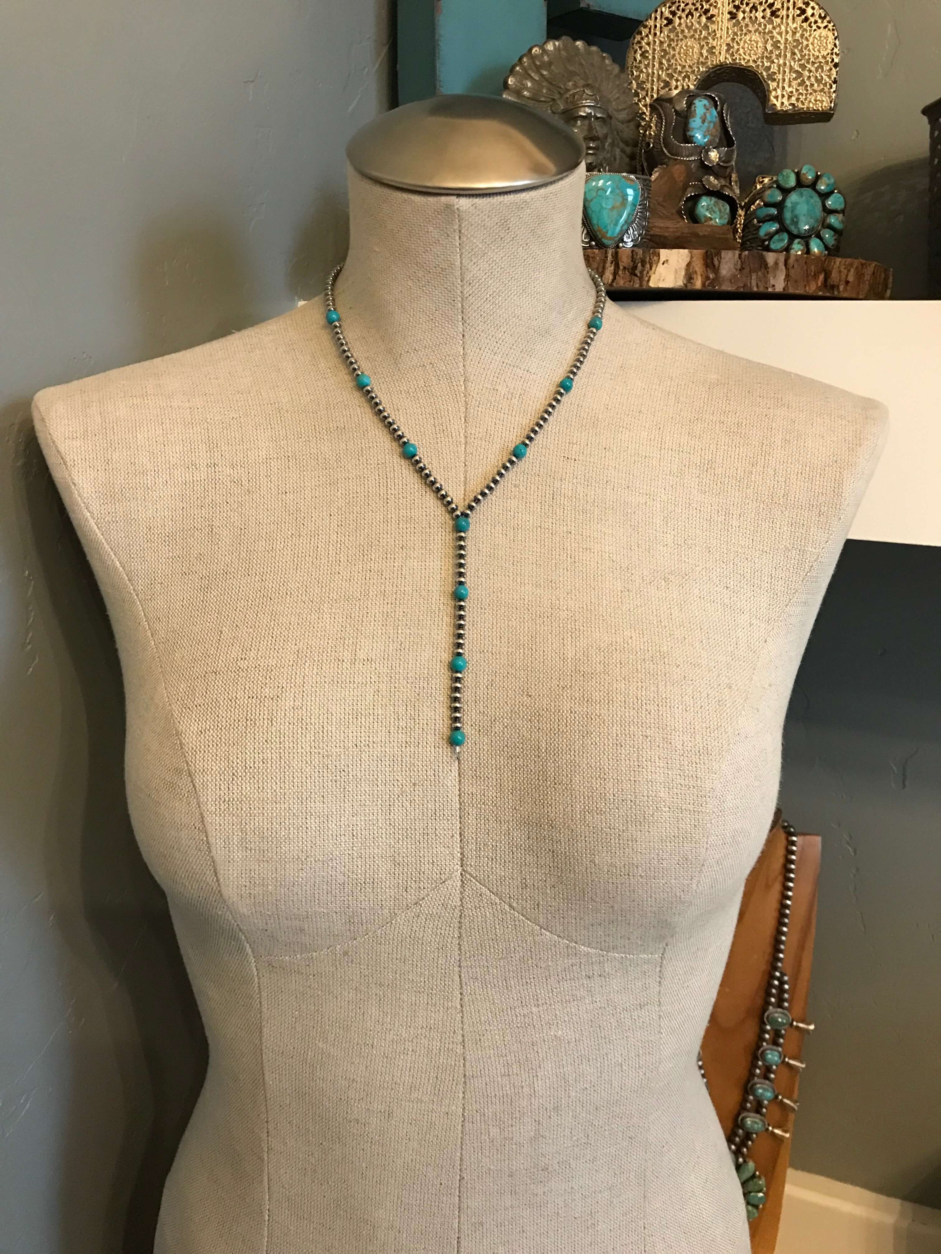 The Whitley Lariat Necklace-Necklaces-Calli Co., Turquoise and Silver Jewelry, Native American Handmade, Zuni Tribe, Navajo Tribe, Brock Texas