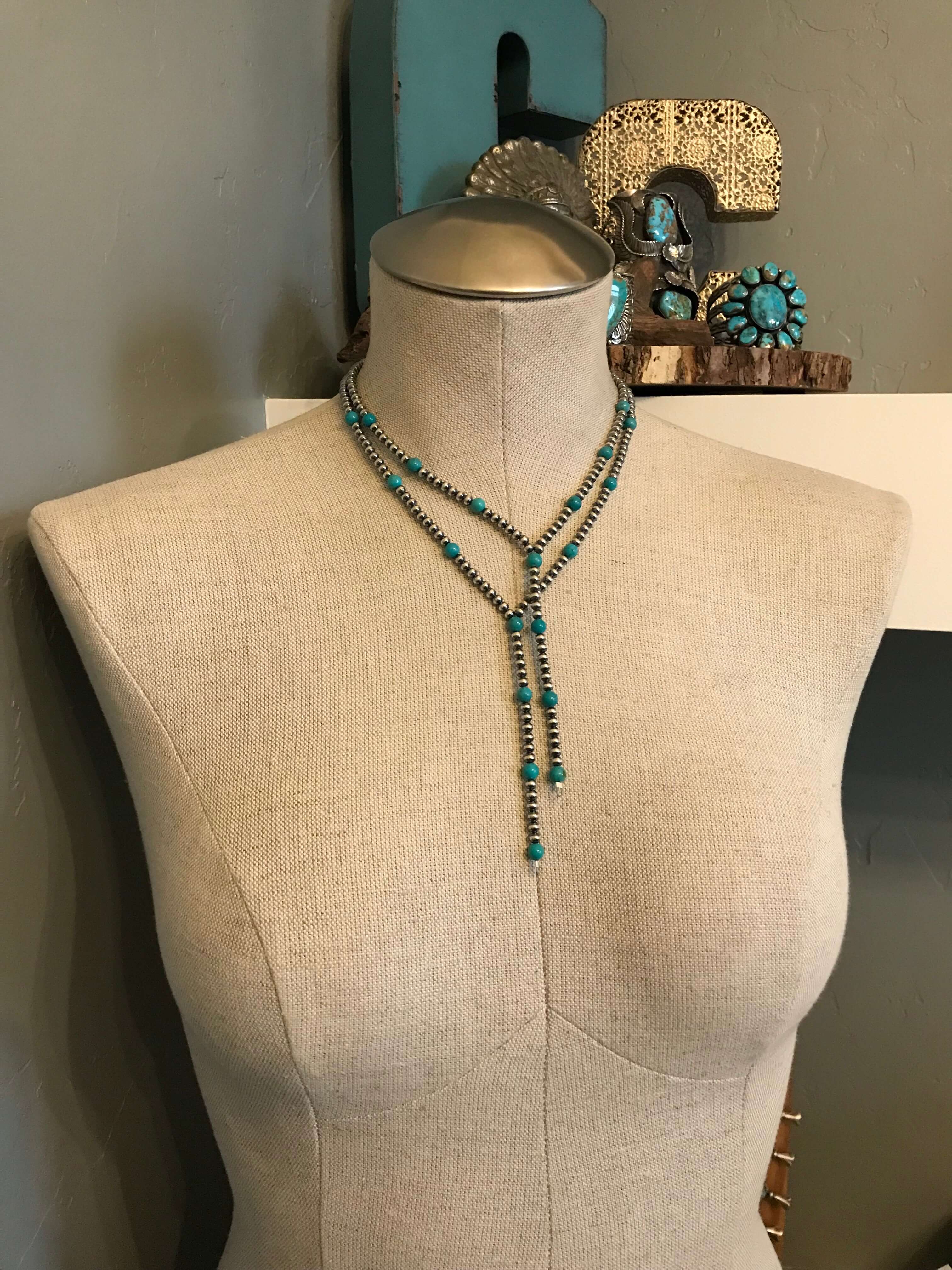 The Whitley Lariat Necklace-Necklaces-Calli Co., Turquoise and Silver Jewelry, Native American Handmade, Zuni Tribe, Navajo Tribe, Brock Texas