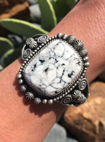 The Monaca White Buffalo Cuff-Bracelets & Cuffs-Calli Co., Turquoise and Silver Jewelry, Native American Handmade, Zuni Tribe, Navajo Tribe, Brock Texas