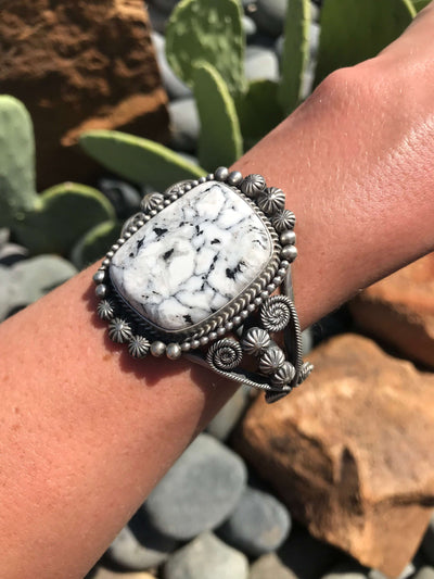 The Monaca White Buffalo Cuff-Bracelets & Cuffs-Calli Co., Turquoise and Silver Jewelry, Native American Handmade, Zuni Tribe, Navajo Tribe, Brock Texas