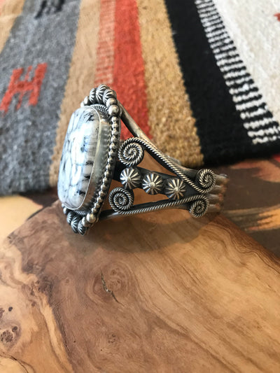 The Monaca White Buffalo Cuff-Bracelets & Cuffs-Calli Co., Turquoise and Silver Jewelry, Native American Handmade, Zuni Tribe, Navajo Tribe, Brock Texas