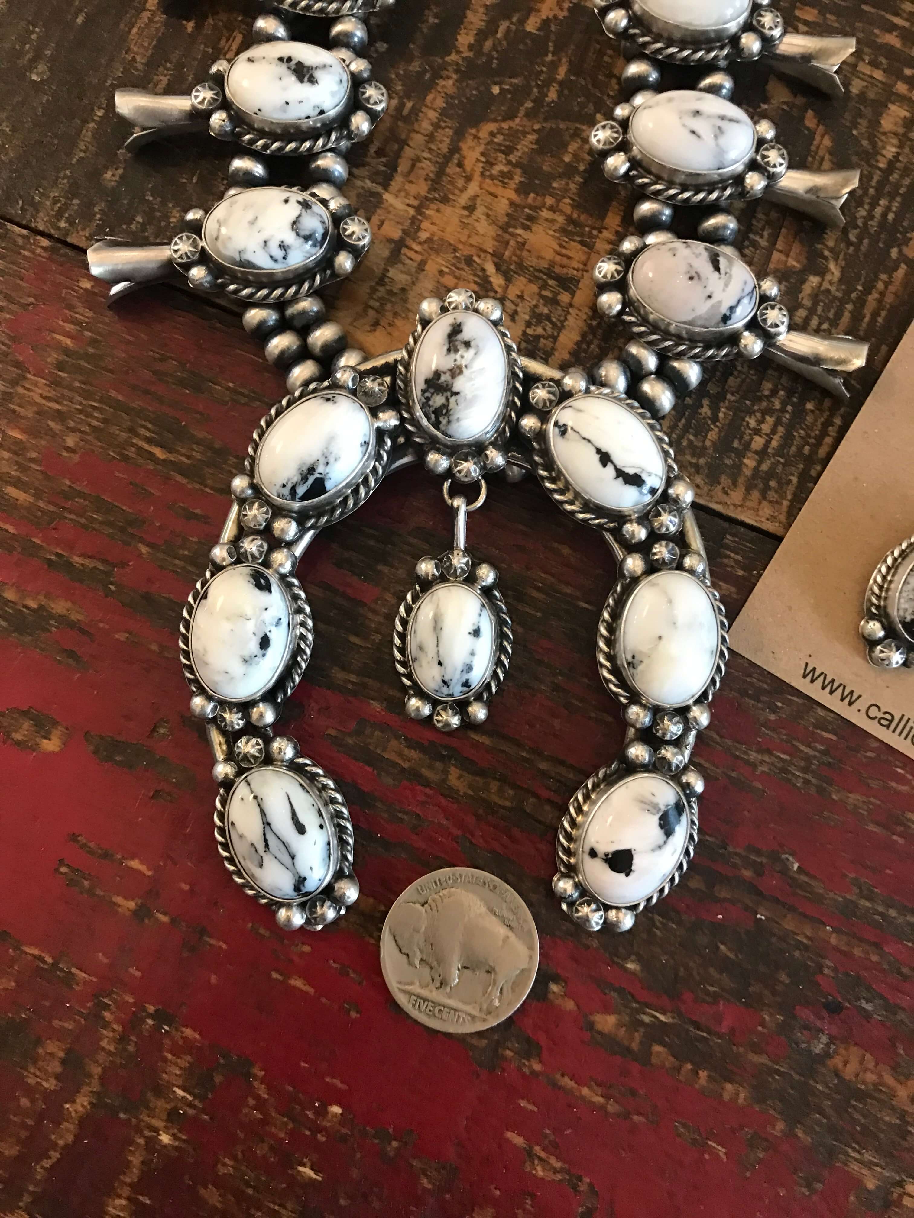 The Ballinger White Buffalo Squash Blossom Necklace Set-Necklaces-Calli Co., Turquoise and Silver Jewelry, Native American Handmade, Zuni Tribe, Navajo Tribe, Brock Texas