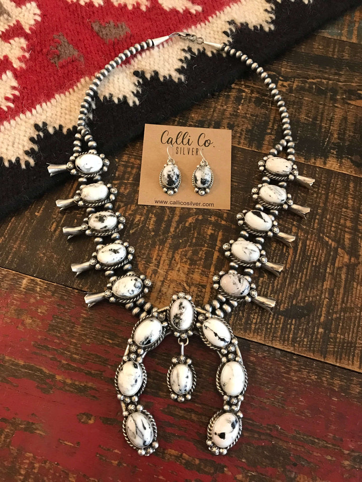 The Ballinger White Buffalo Squash Blossom Necklace Set-Necklaces-Calli Co., Turquoise and Silver Jewelry, Native American Handmade, Zuni Tribe, Navajo Tribe, Brock Texas