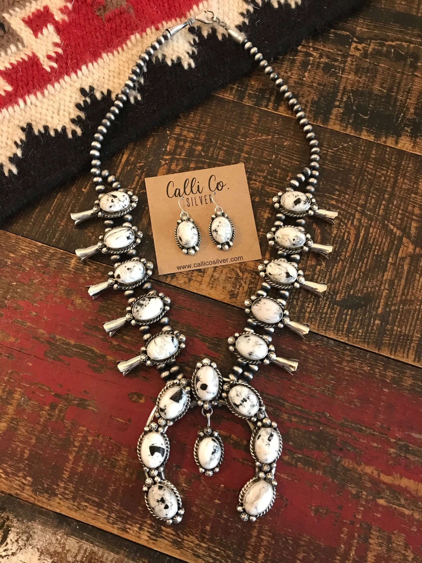 The Abbott White Buffalo Squash Blossom Necklace Set-Necklaces-Calli Co., Turquoise and Silver Jewelry, Native American Handmade, Zuni Tribe, Navajo Tribe, Brock Texas